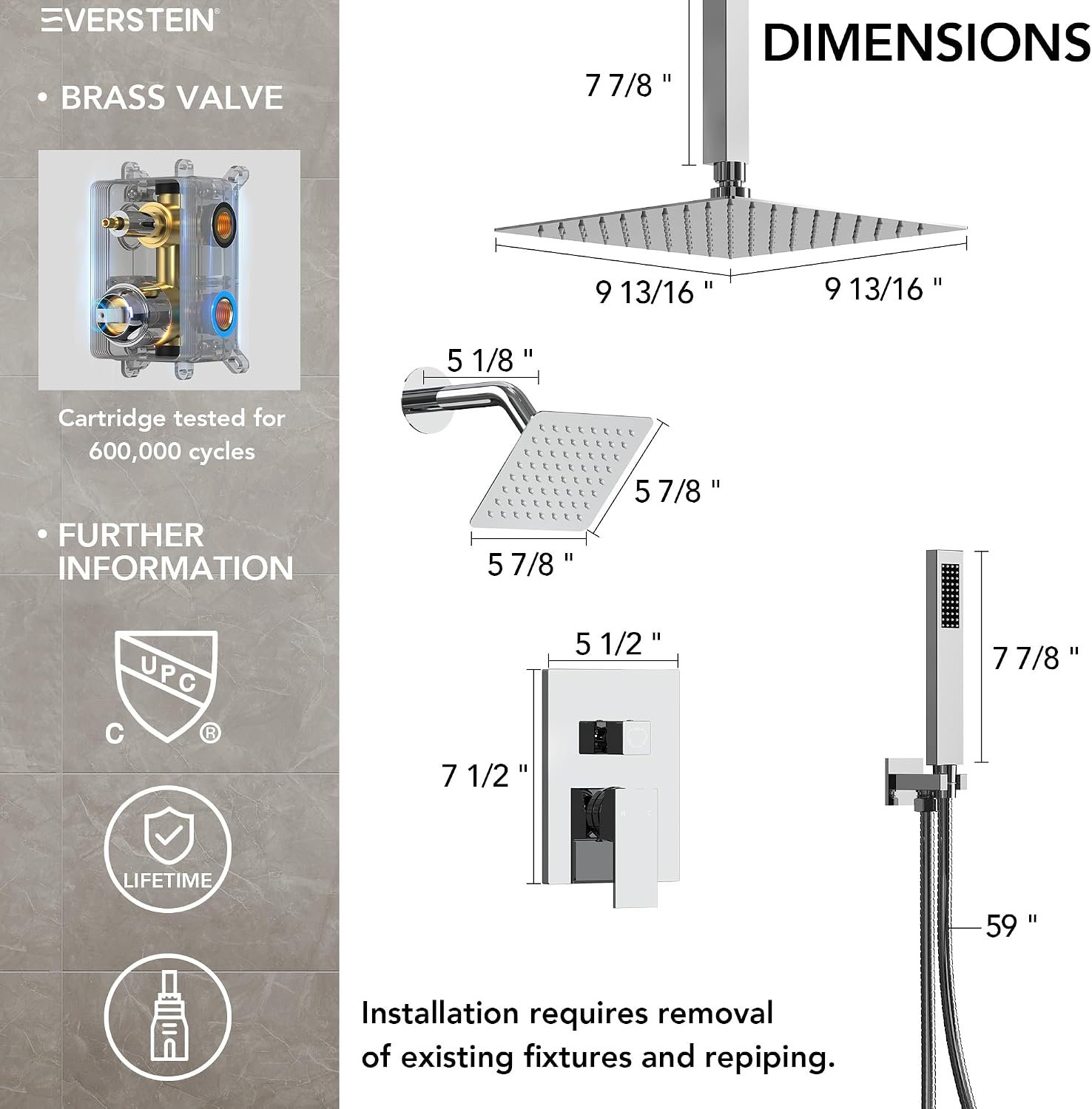 10' High-Pressure Rainfall Shower Faucet, Celling Mount Dual Shower Head System, Polished Chrome