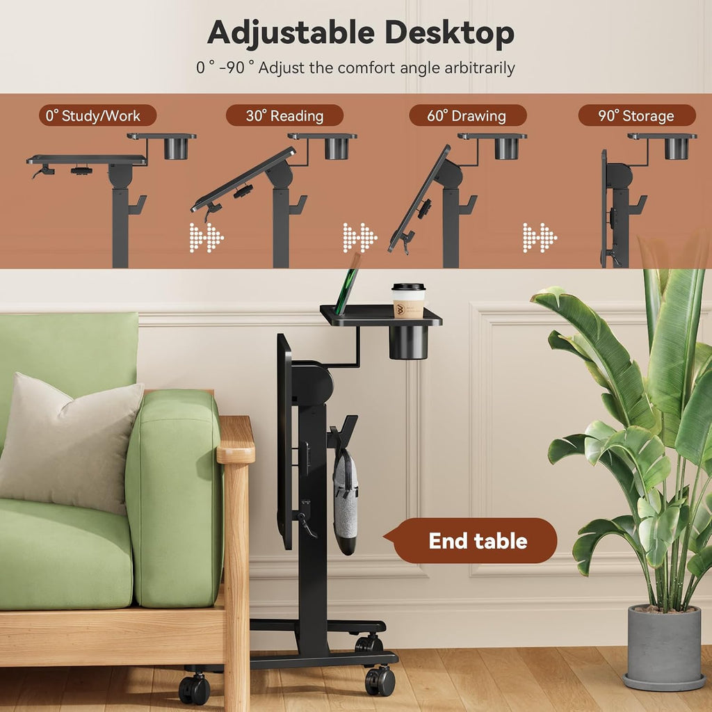 28Inch Rolling Standing Desk On Wheels， Small Computer Workstation Adjustable Height， Mobile Laptop Stand with Tiltable Desktop， 2-Tier Portable Study Table with Storage Shelves， Black