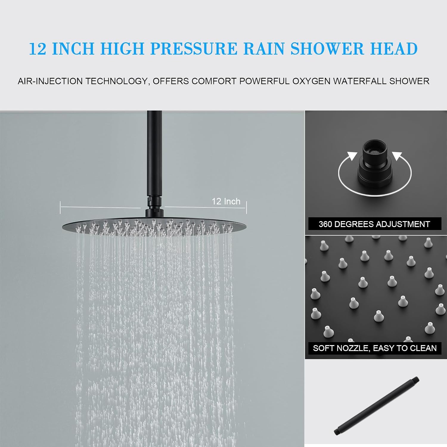 Matte Black Shower Faucet Set, Black Shower System with Rain Shower and Handheld Bathroom Ceiling 12 Inch Shower Set with Brass Valve