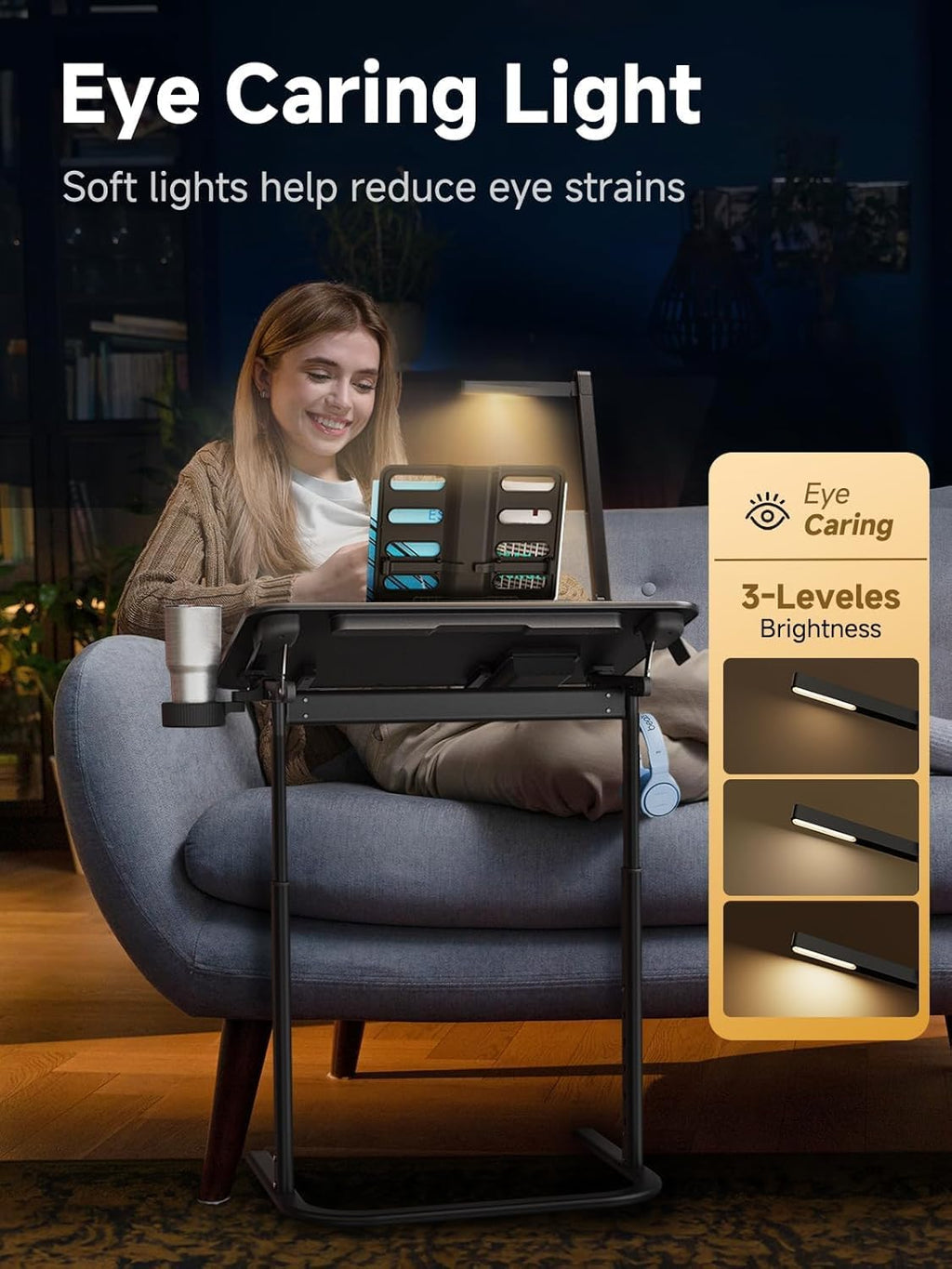 SAIJI XXL Extra Large TV Tray Table，Height & Tilt Adjustable Heavy Duty TV Trays for Eating, Working, Writing,Drawing, Recliner Table Couch Desk with LED Light, Cup Holder, Bookstand
