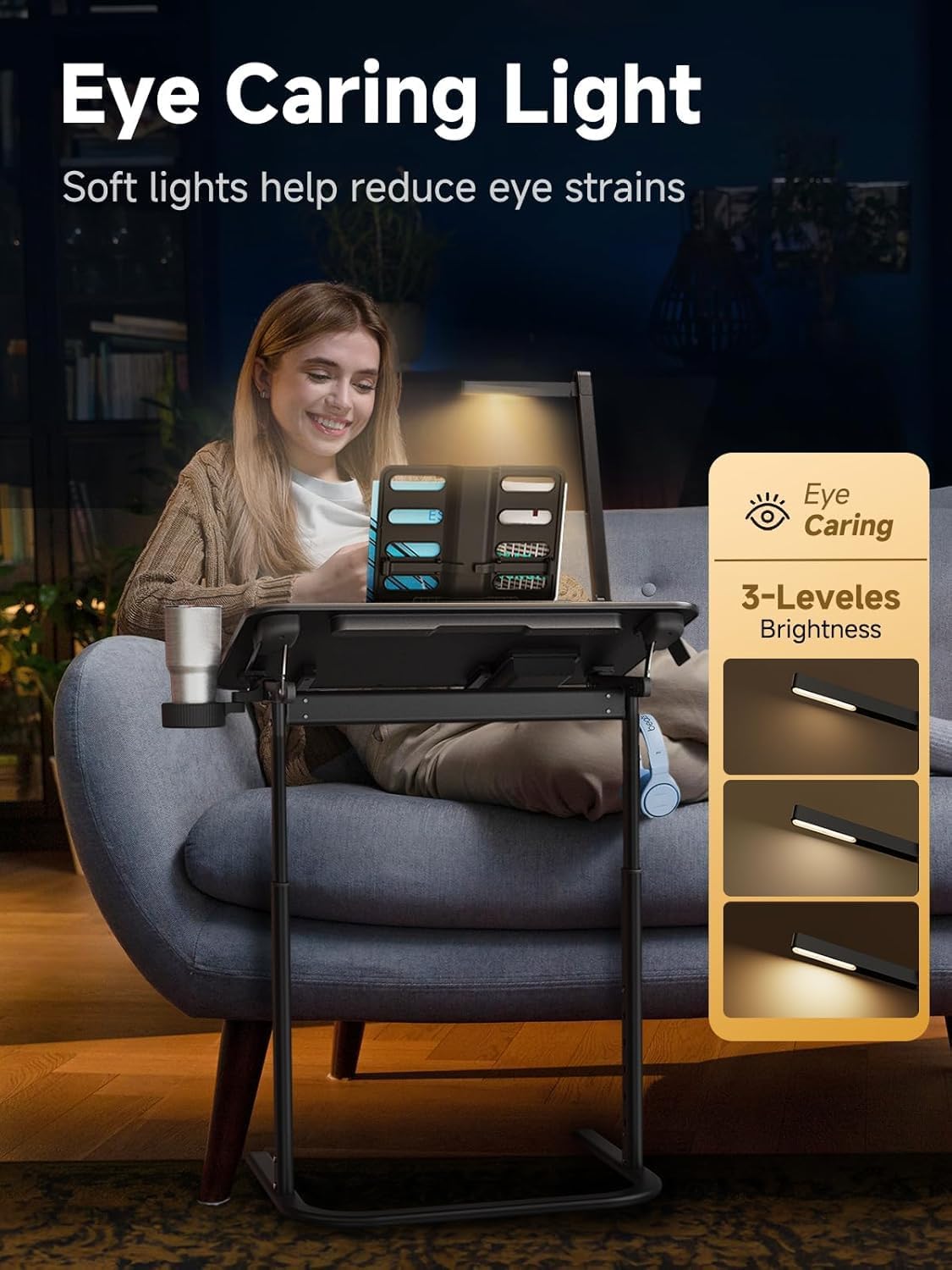 SAIJI XXL Extra Large TV Tray Table，Height & Tilt Adjustable Heavy Duty TV Trays for Eating, Working, Writing,Drawing, Recliner Table Couch Desk with LED Light, Cup Holder, Bookstand