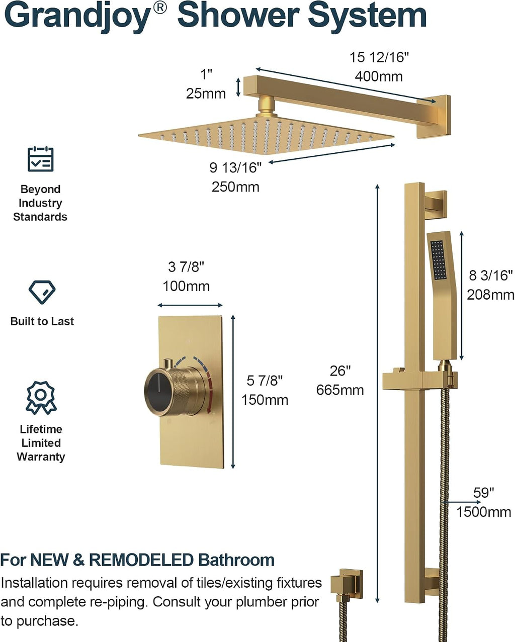 10' Shower Faucet Set with Valve, Wall Mounted Shower Head with High Pressure Handheld Sprayer & Slide Bar, Brushed Gold