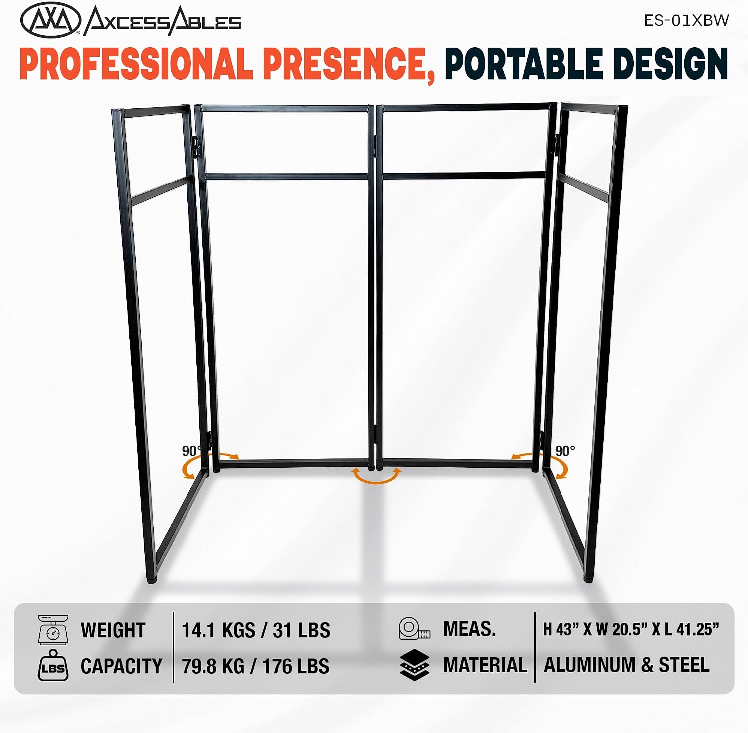 AxcessAbles Portable DJ Facade Booth with Carry Case – 40' x 20' Tabletop, Steel Frame, and Black & White Scrims | White DJ Table | Event Booth (ES-01XBW)