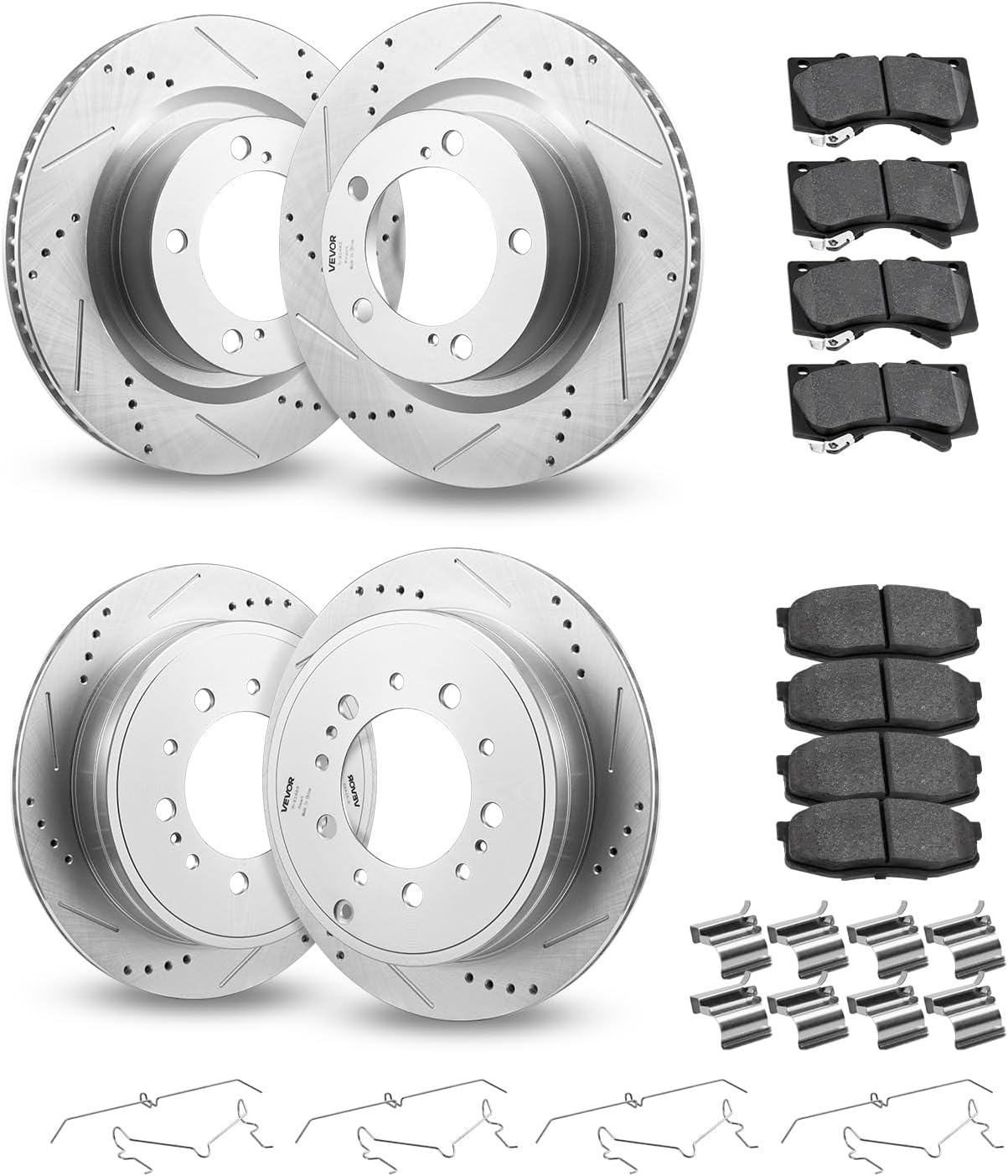 VEVOR Brake Pads and Rotors Kit Front and Rear, Compatible with 2007-2021 Toyota Tundra (5 Lug Models), 2008-2021 Toyota Sequoia, Drilled and Slotted Brake Rotors Ceramic Brake Pads Replacement Kit