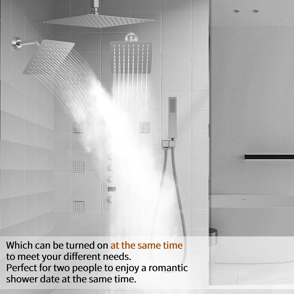 Brushed Nickel Shower System with 12+8+8' Three Top Shower Heads, Full Body Shower System with Temperature Display,Handheld Sprayer and Body Jets Shower Set