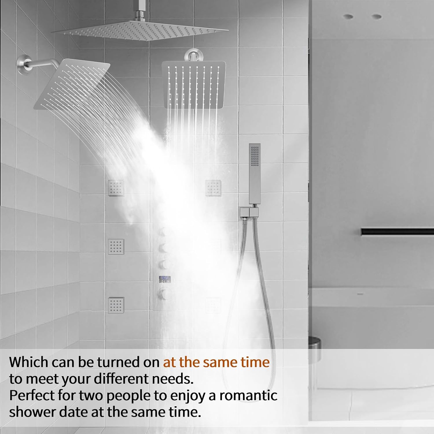 Brushed Nickel Shower System with 12+8+8' Three Top Shower Heads, Full Body Shower System with Temperature Display,Handheld Sprayer and Body Jets Shower Set
