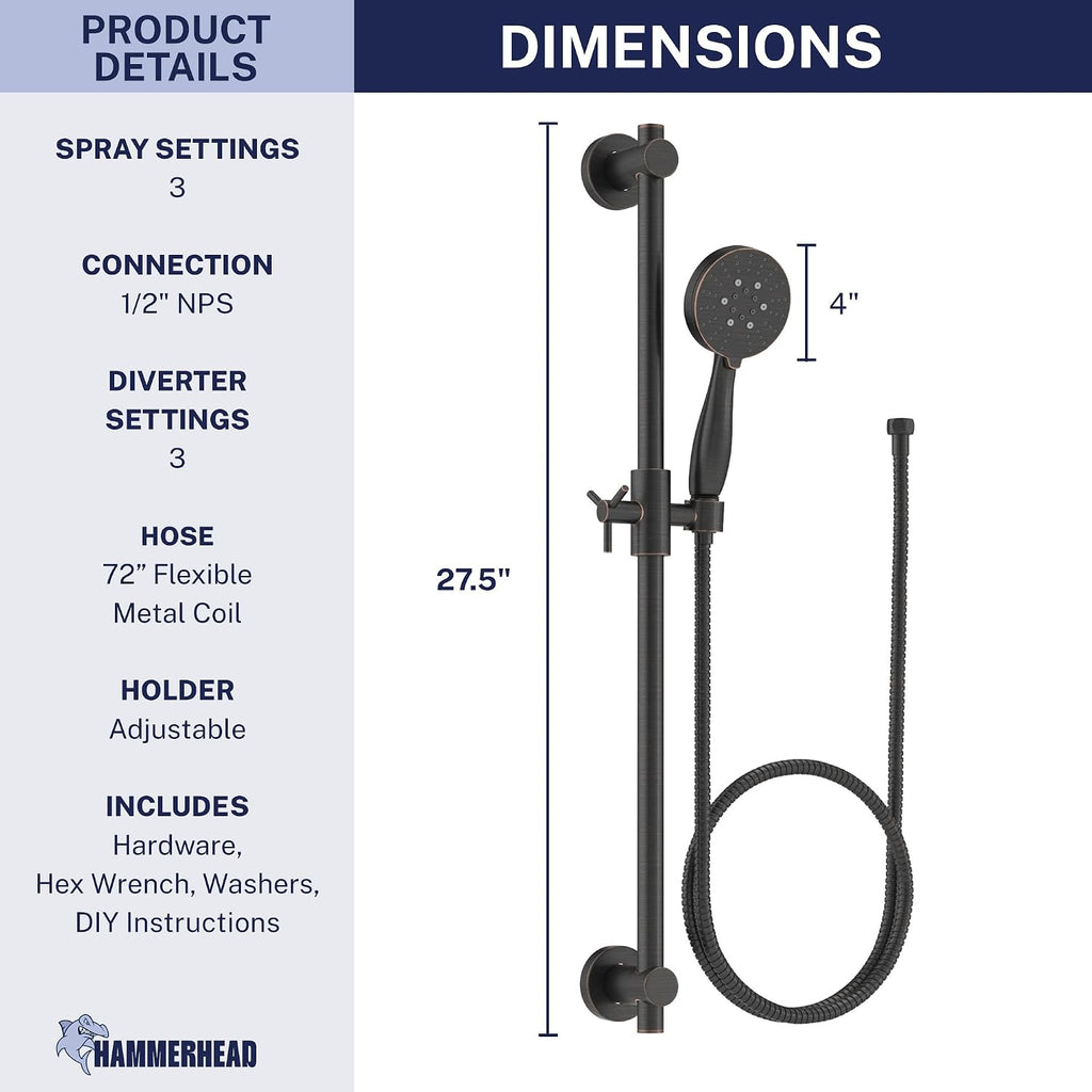 HammerHead Showers Solid Metal 27.5 Inch Shower Slide Bar with 3-Spray Handheld Shower Head with Long Hose and Holder, 2.5 GPM High Pressure Shower Head, Oil Rubbed Bronze