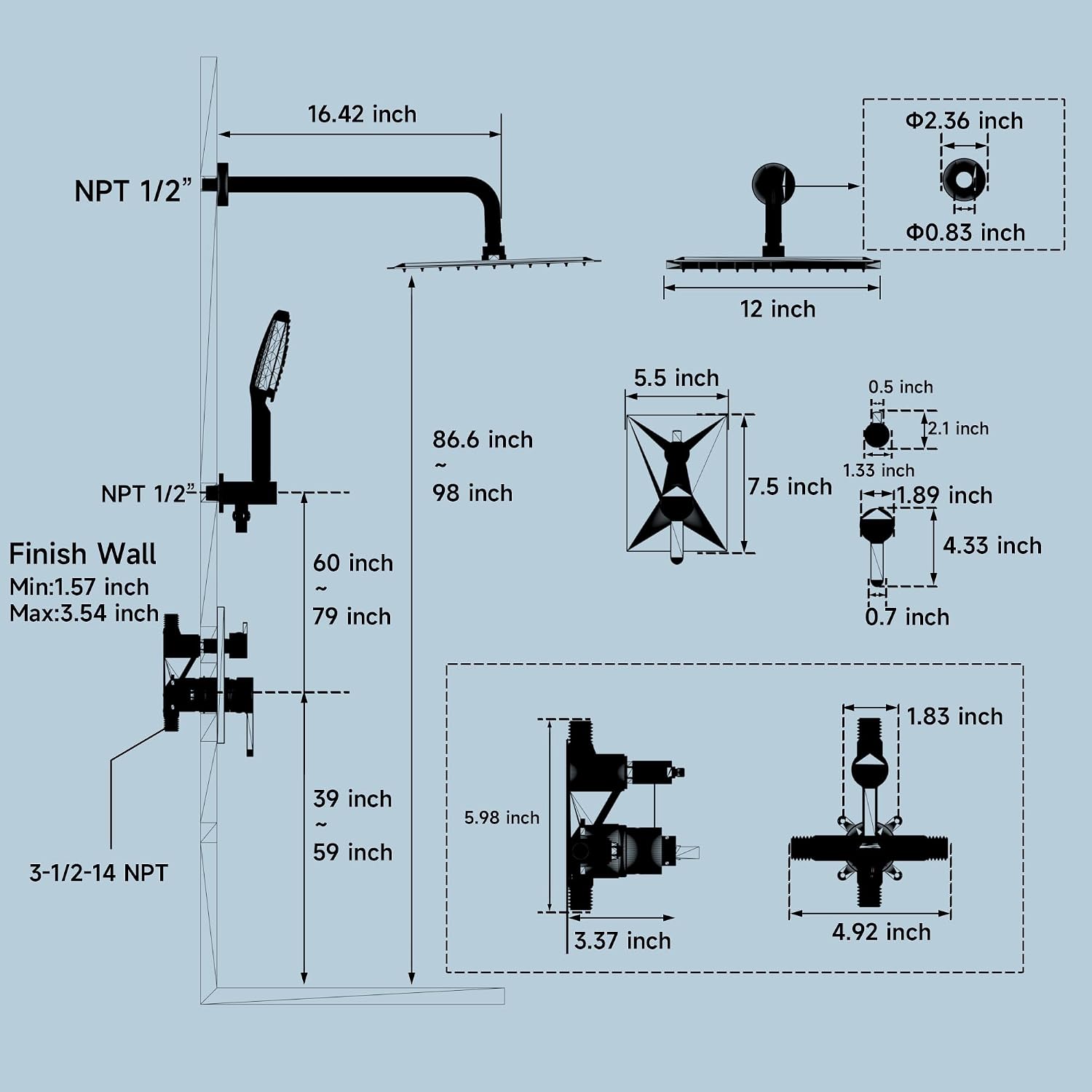 Shower Faucet Set - 12 inches Rain Shower System with 6 Function Handheld Shower Head Rough in Pressure Balance Valve Kit - Stainless Steel Bathroom Shower Kit Complete Brushed Gold