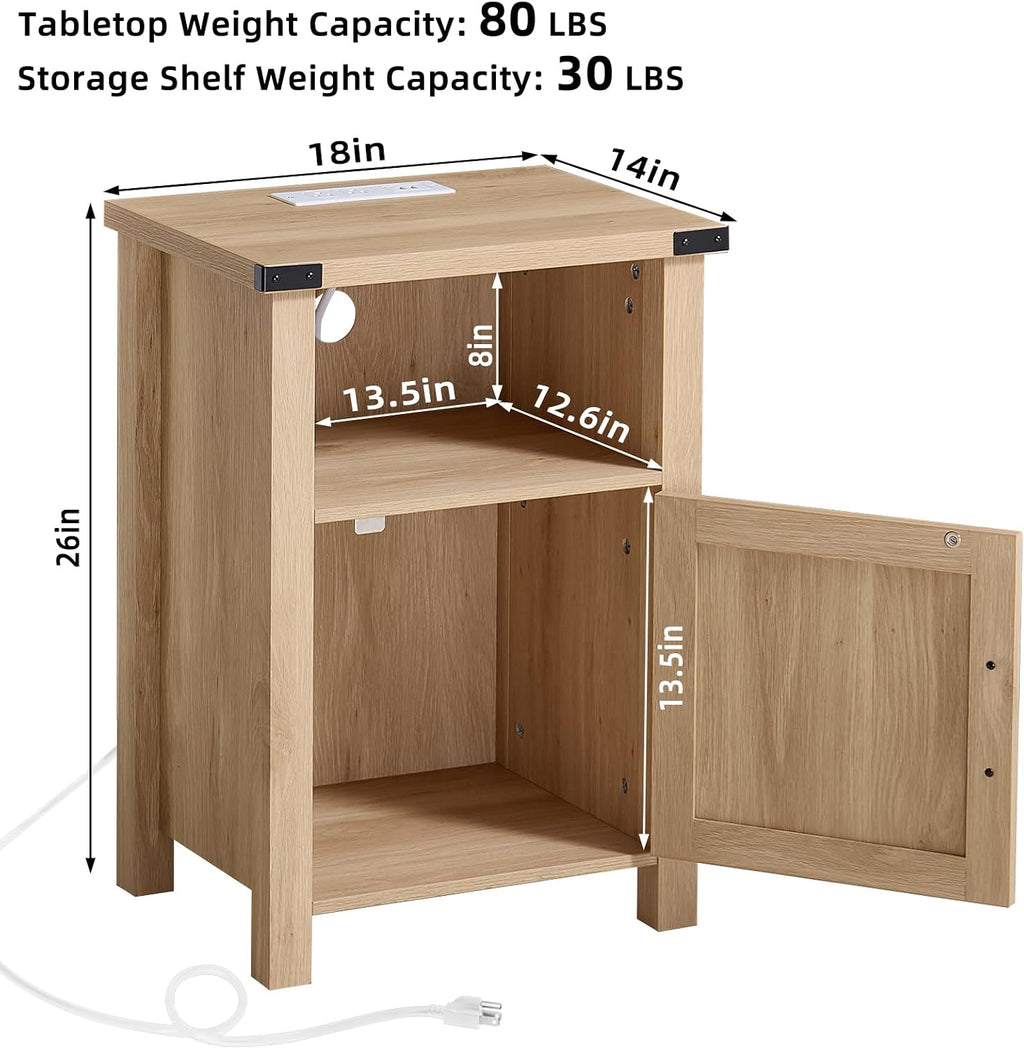 Joaxswe Boho Fluted Nightstand Set of 2 for Bedroom, 18' Rustic Night Stand with Charging Station, Modern Accent Bedside Tables with Open Storage Shelf & Door, Wooden End Table for Home, Natural Oak