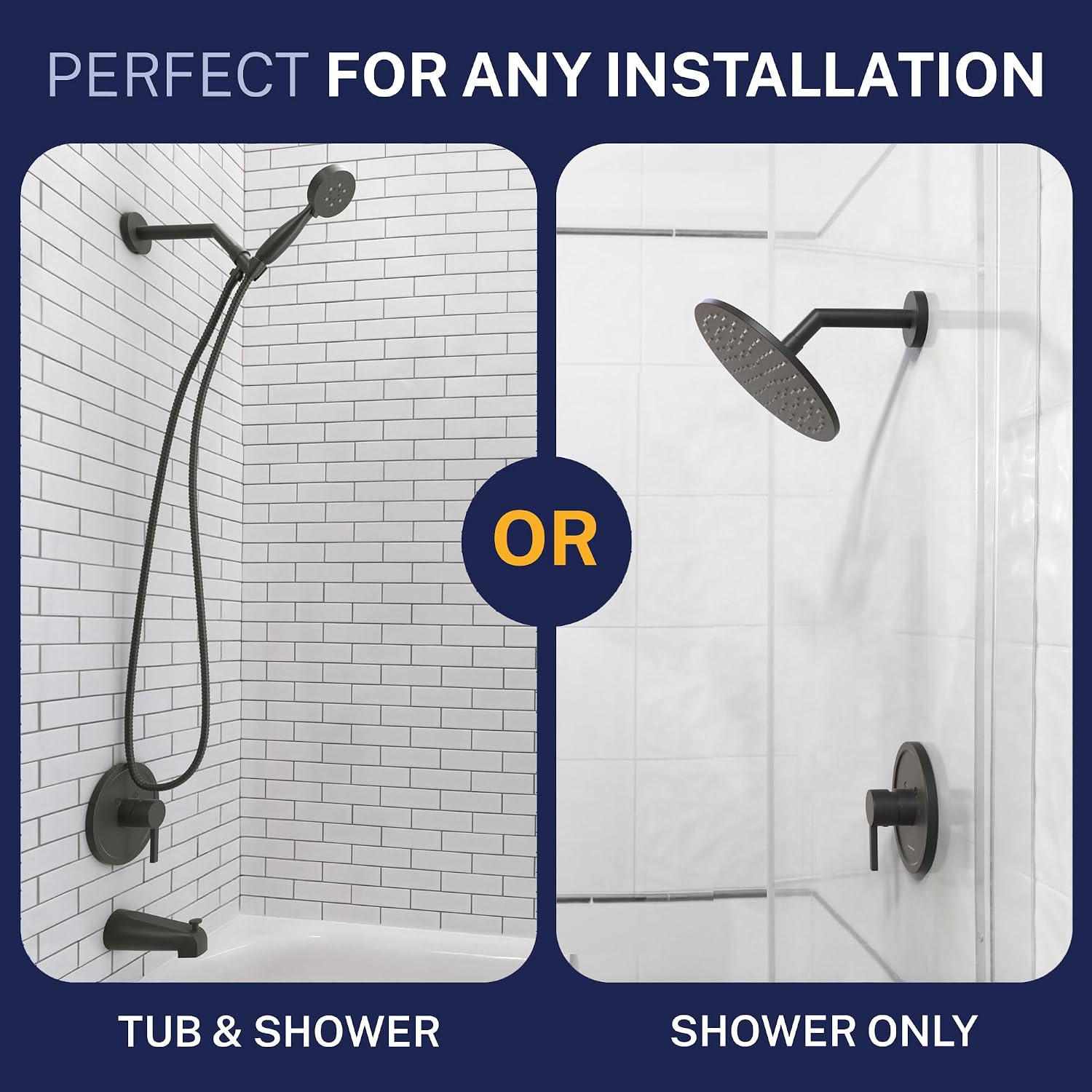 HammerHead Showers Solid Metal Single-Handle Trim Kit with Rough-In Shower Valve, Volume and Temperature Control, Pressure Balance, Matte Black