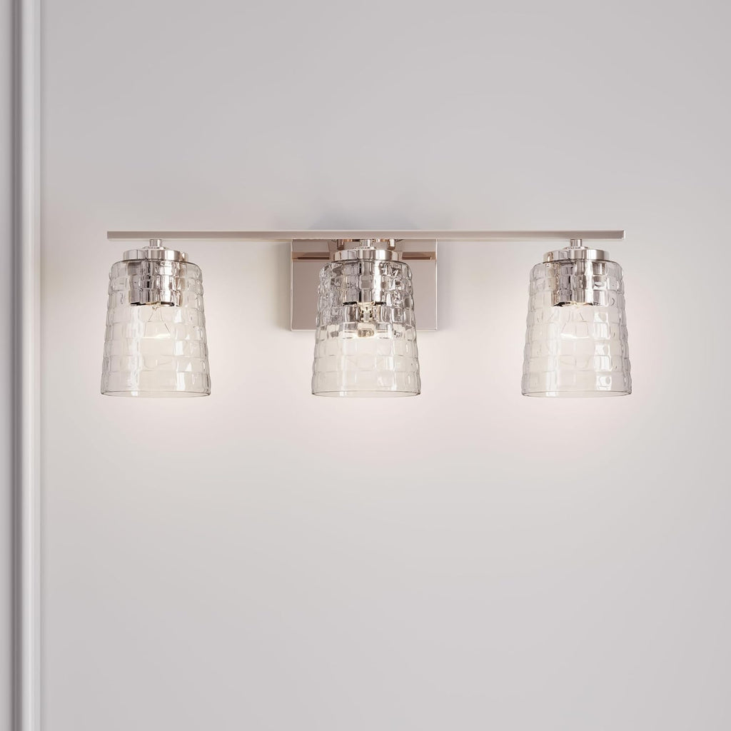 ML Lighting | Saben Collection | 22103-PN | 3 Light Vanity in Polished Nickel Finish with Clear Woven Glass Shade | Versatile Design That adds High-End Texture and Elegance to Your Bathroom