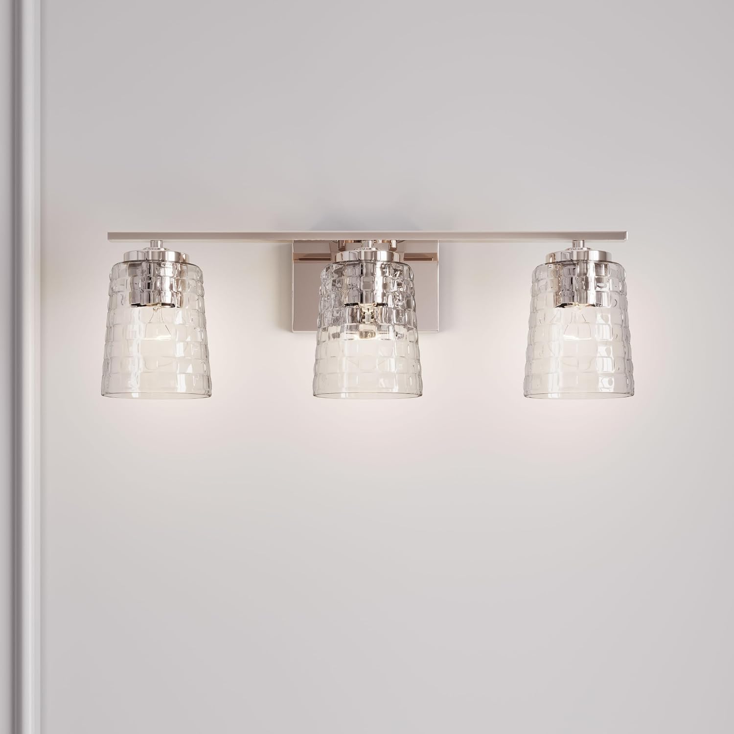 ML Lighting | Saben Collection | 22103-PN | 3 Light Vanity in Polished Nickel Finish with Clear Woven Glass Shade | Versatile Design That adds High-End Texture and Elegance to Your Bathroom