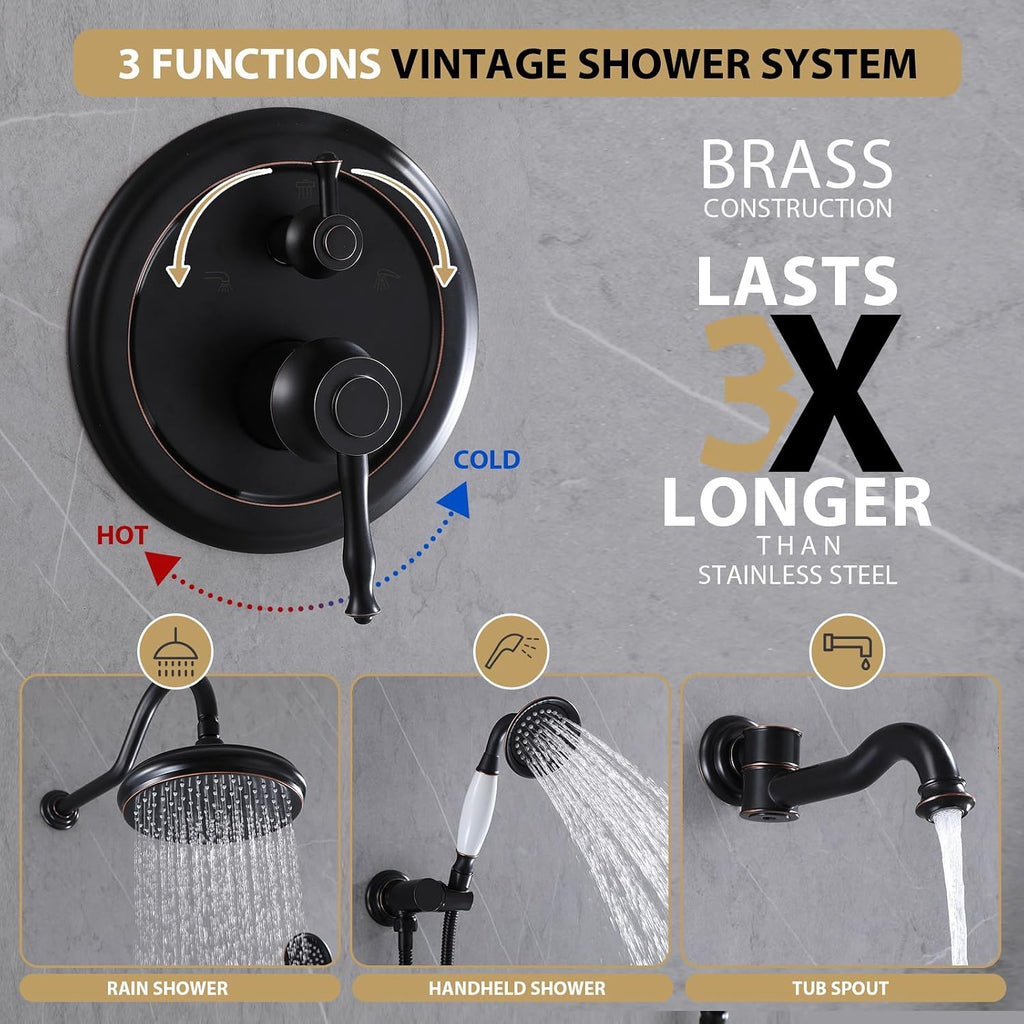 Rainfall Shower System with Handheld Sprayer,Oil Rubbed Bronze Antique Shower Faucet Sets,Shower Fixture Combo with Brass Pressure Balance Valve,Complete Shower Kit with Foldable Tub Spout