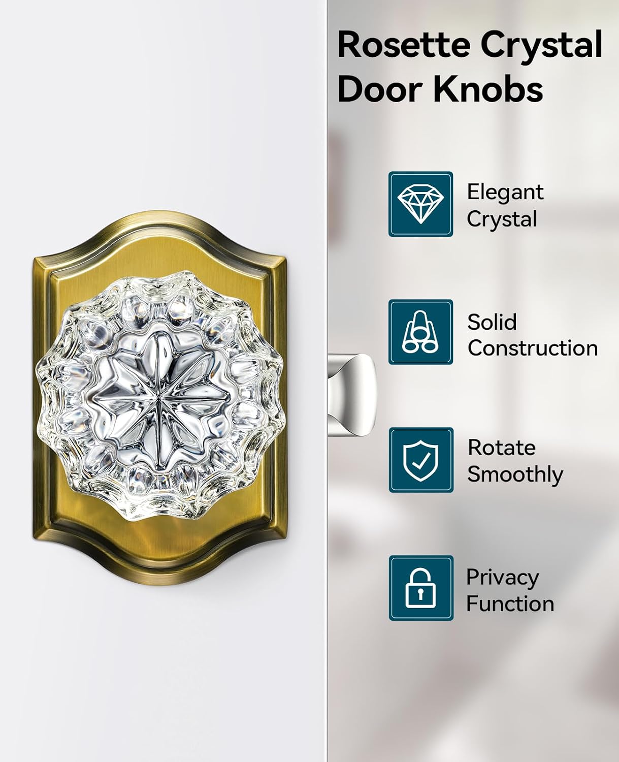 5 Pack Glass Door Knobs, Antique Brass Crystal Door Knobs with Lock for Privacy Use, Vintage Crystal Door Knobs Interior for Bedroom Bathroom, Crystal Glass Brass Door Knob