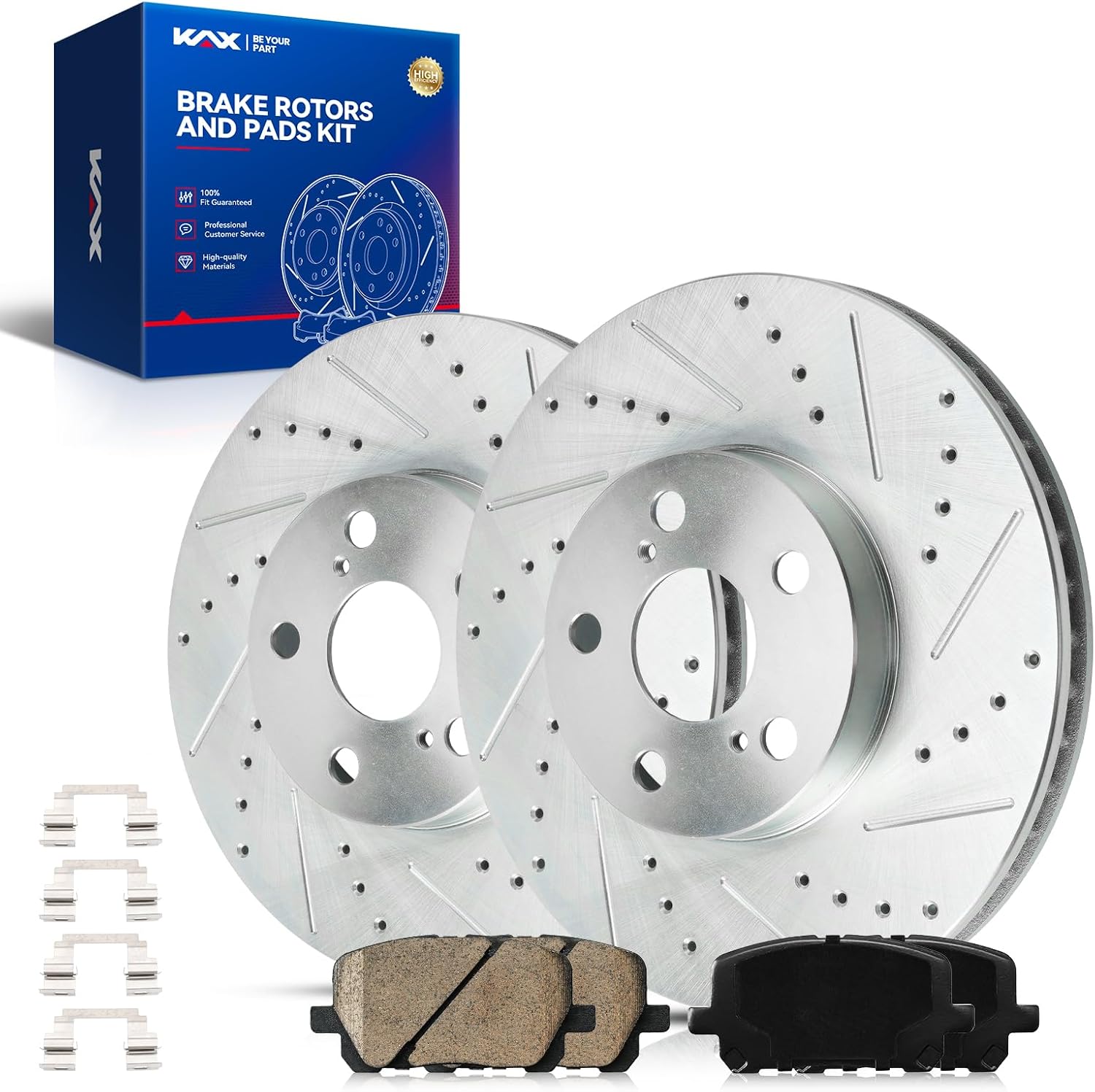 KAX Front Rotors and Brake Pads kit for Toyota Corolla Matrix Pontiac Vibe, Drilled and Slotted Disc Brake Rotor Ceramic Brake Pads Replacement (#31270+D923, 10.82inch, 274.9MM)