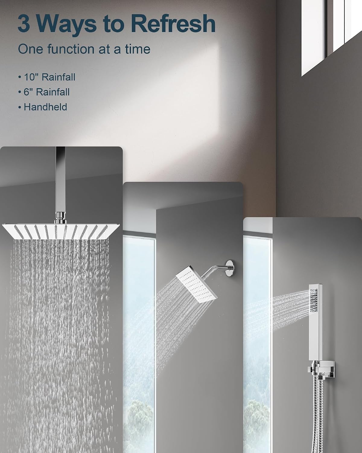 Polished Chrome 3-Function Shower System with 10' Rainfall & 6' Secondary Shower Head, Handheld Combo Set, Wall Mounted cUPC Certified Pressure Balance Valve