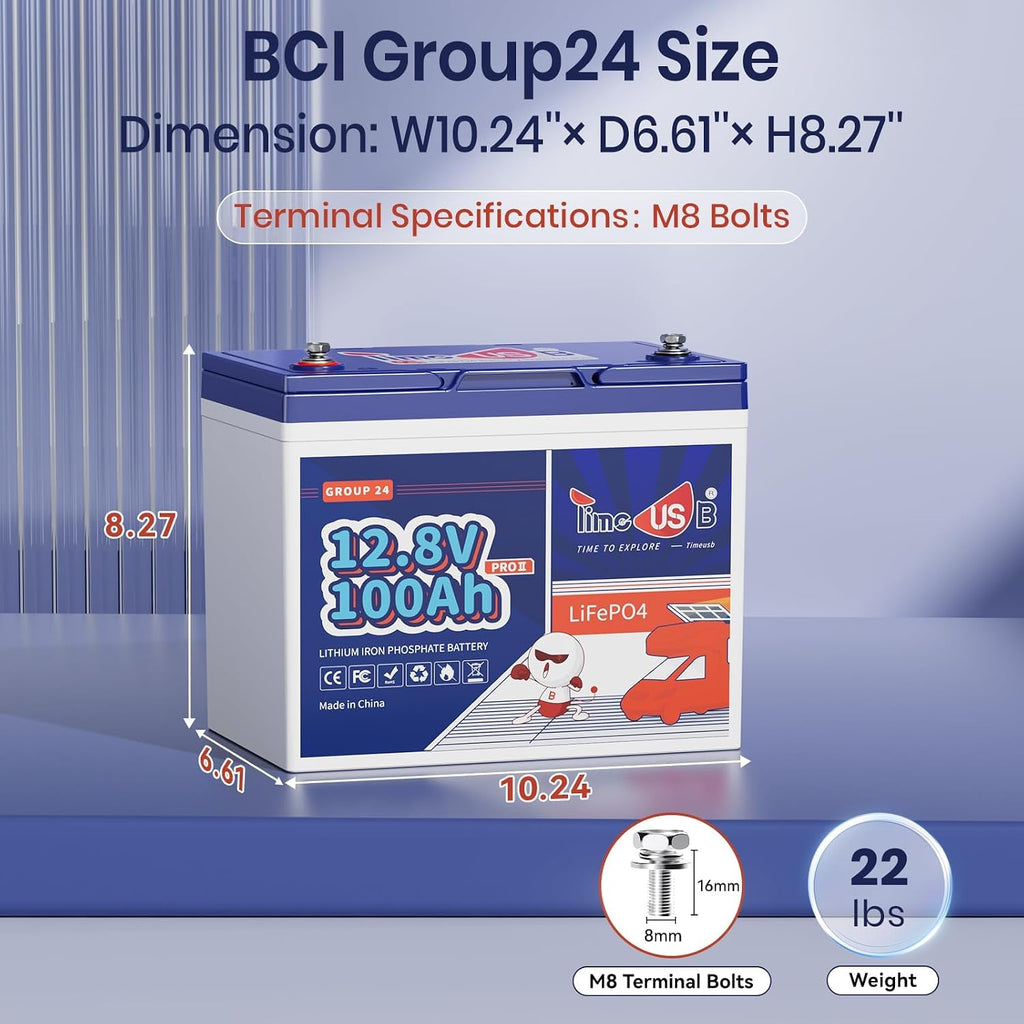 12V 100Ah RV LiFePO4 Battery Group 24, Timeusb 12.8Volt Lithium Battery with 100A BMS, Up to 15000 Deep Cycle Battery for RV Camper, Solar, Trolling Motor, Marine, Travel Trailer, Energy Storage