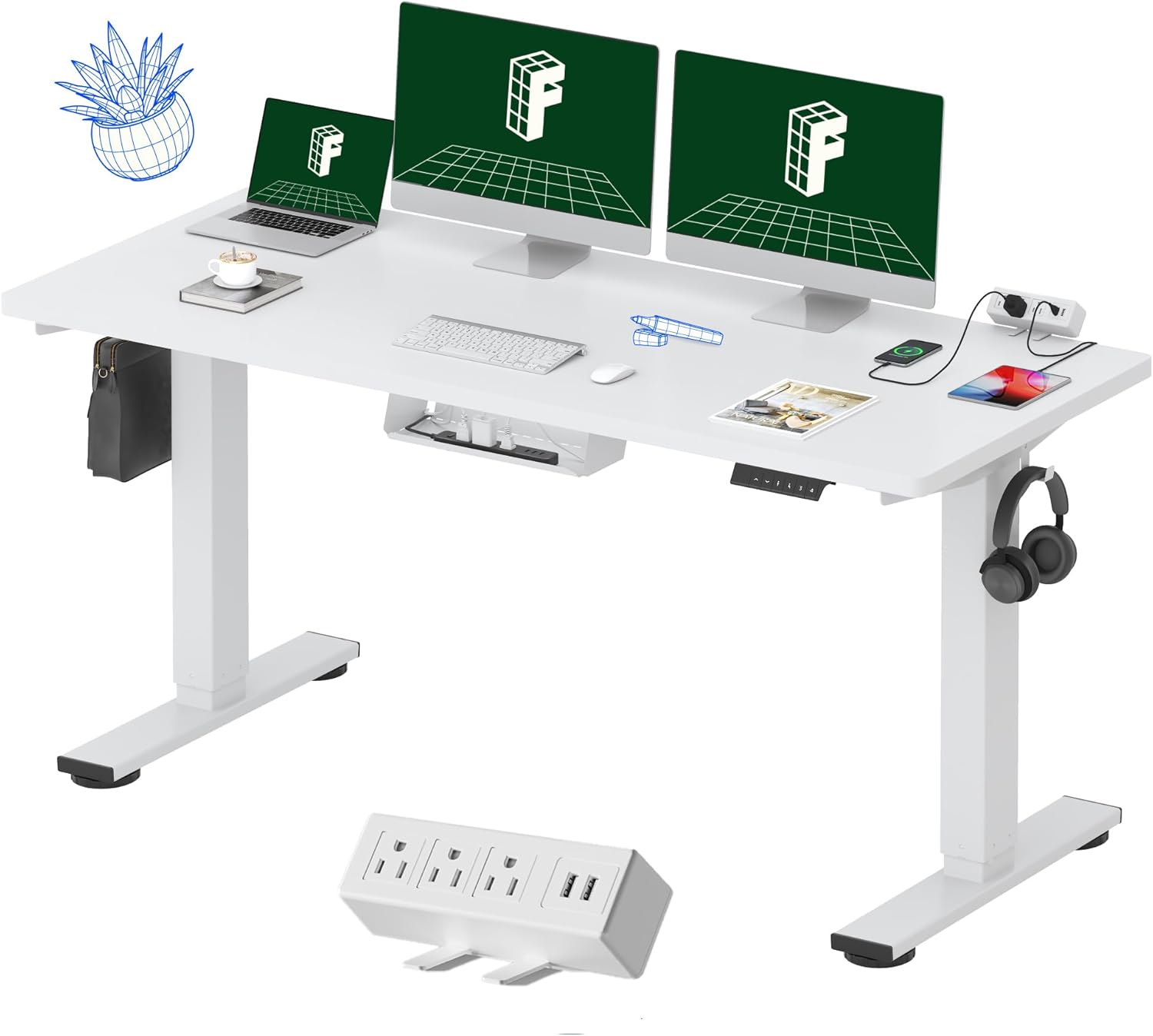 FLEXISPOT EN2 Whole-Piece Standing Desk with Clamp Power Strip, 60 x 24 Electric Stand Up Height Adjustable Desk with Cable Management (White Frame + 60' White Desktop, 2 Packages)