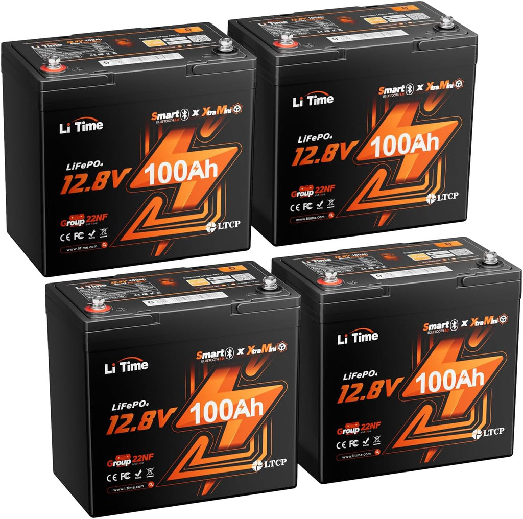 LiTime 12V 100Ah Xtra-Mini Bluetooth Trolling Motor LiFePO4 Battery, 12 Volt MINI Small Lithium Batteries, Up to 15000 Deep Cycle, 100A BMS for RV, Camper, Travel Trailers, Boat, Yacht, Kayak (4-Pack)