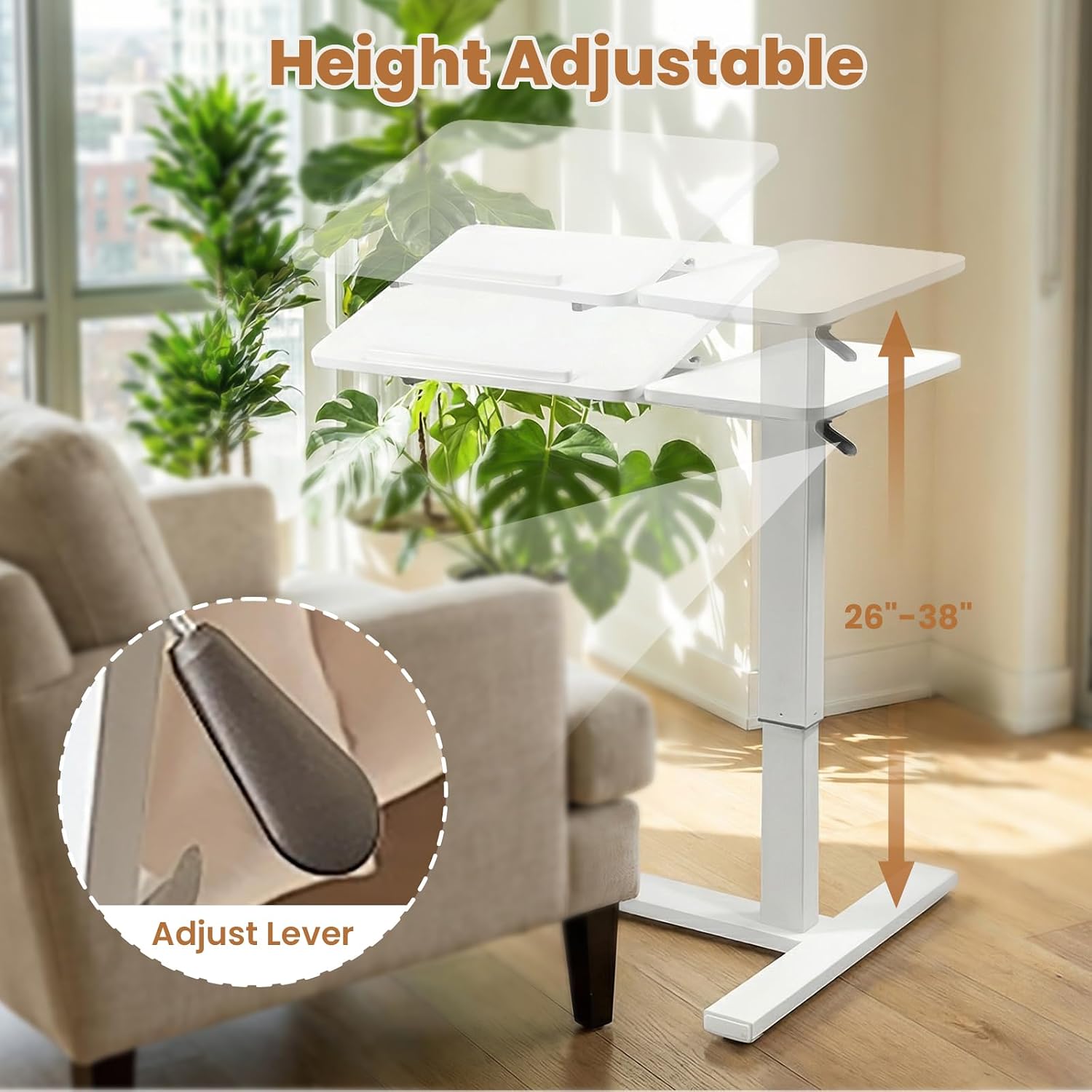 Portable Overbed Rolling Desk, Height Adjustable Mobile Standing Table, Foldable 31 Inch Small Laptop Bedside Desk with Tiltable Desktop, Hidden Wheels, Tray Table for Bed Sofa Side, White