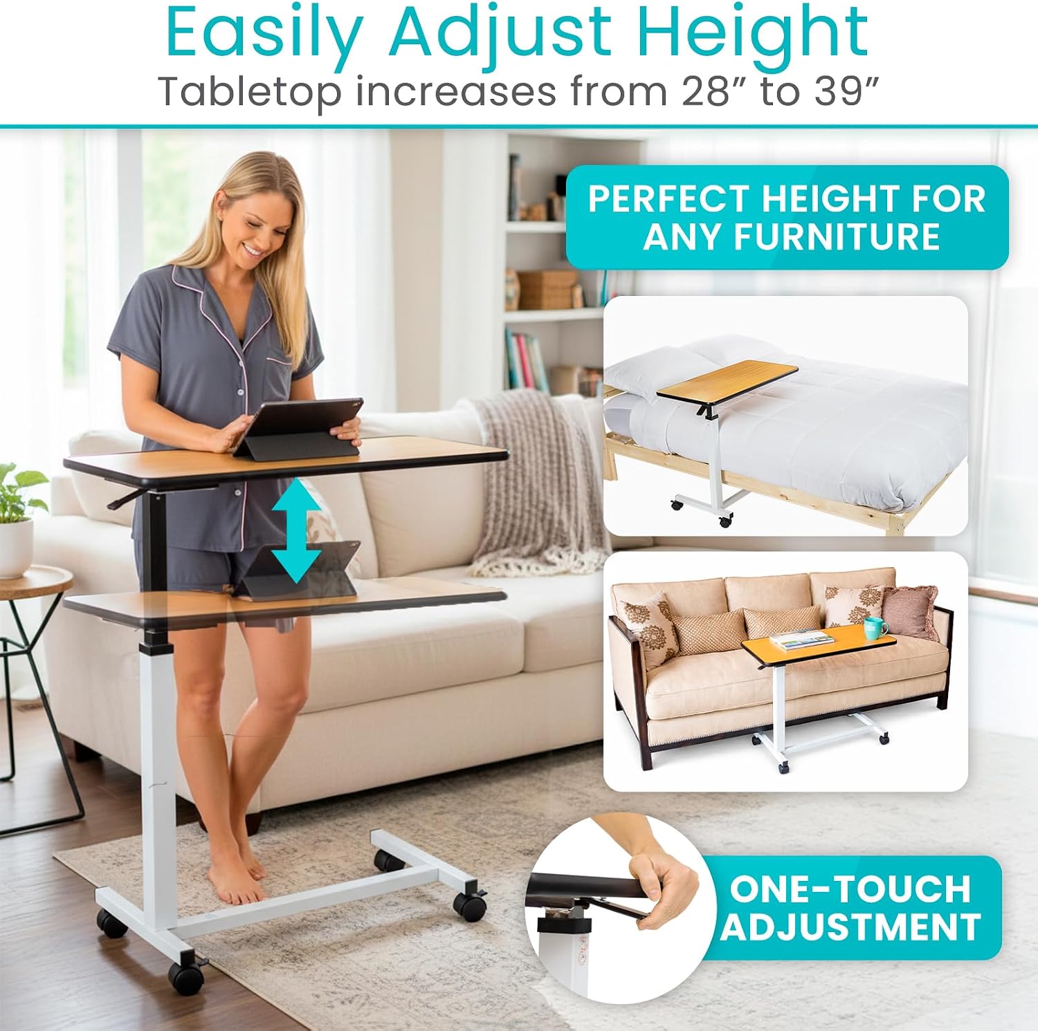 Vive Overbed Table (XL) - Hospital Bed Table - Swivel Wheel Rolling Tray - Adjustable Over Bedside Home Desk - Laptop, Reading, Eating Breakfast Cart Stand - Bedridden, Elderly (Brown)