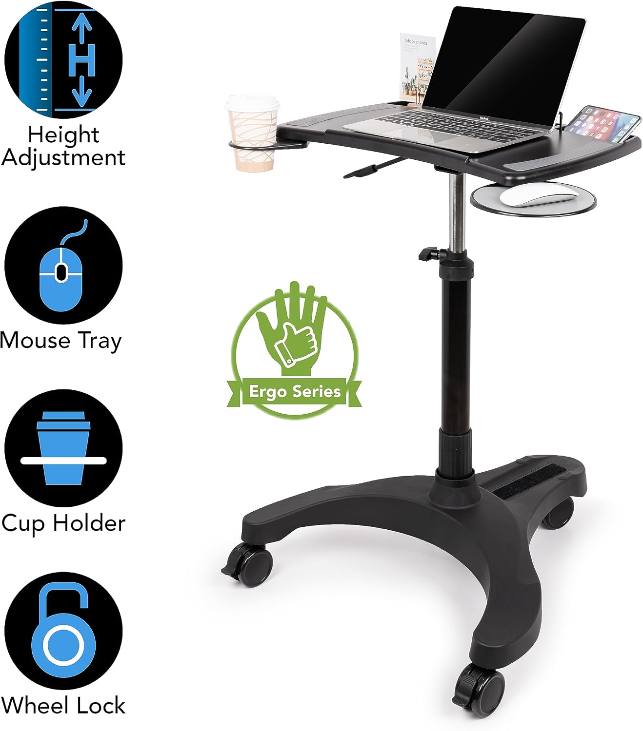 EHO Mobile Laptop Standing Desk Carts on Wheels with Stationery Storage, Pneumatic, Height Adjustable Rolling Stand, Sit to Stand Computer Cart, Workstation for Home, Office, Medical and School