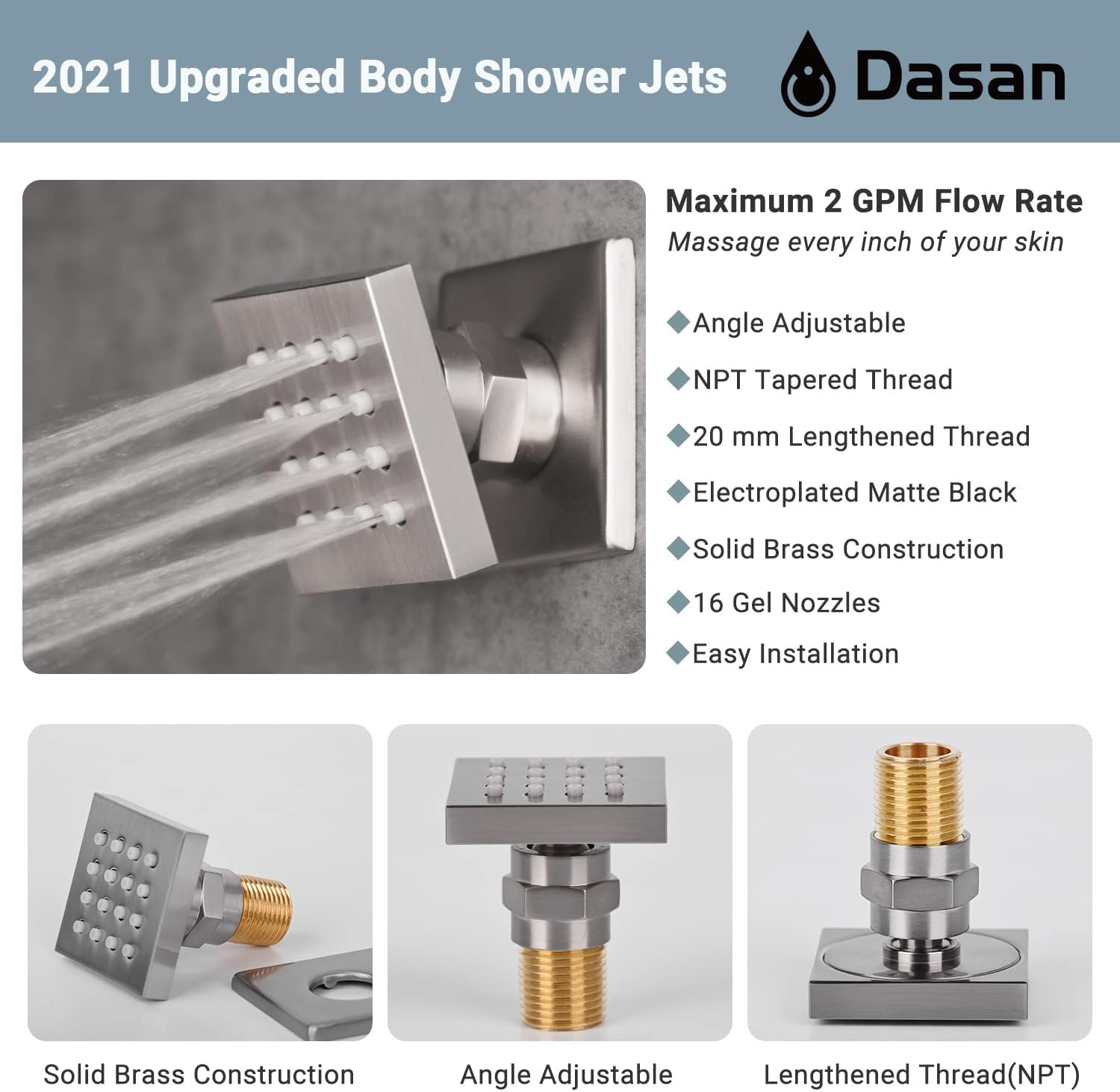 Brushed Nickel Shower System with 4 PCS Shower Body Spray Jets & 12'' Ceiling Shower Head & Handheld Spray, DASAN Full Body Shower Faucet System with Jets Rainfall Shower Combo Set, SA-SS03BBN-S12C