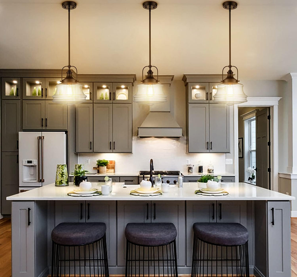 DEYNITE Industrial Farmhouse Pendant Light Clear Glass Schoolhouse Hanging Light Fixture Black, E26 Dimmable Light for Kitchen Bar Dining Bathroom Bedroom
