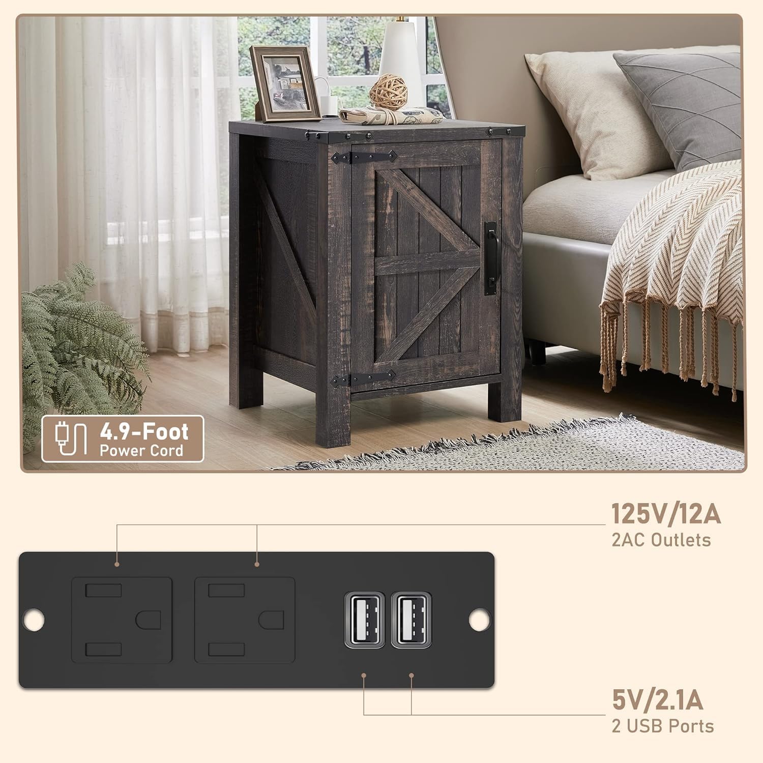 OKD Farmhouse Nightstand Set of 2, 18 Inch Rustic End Table with Charging Station, Barn Door, Adjustable Storage Shelf, Wood Sofa Side Table for Living Room, Bedroom, Dark Rustic Oak