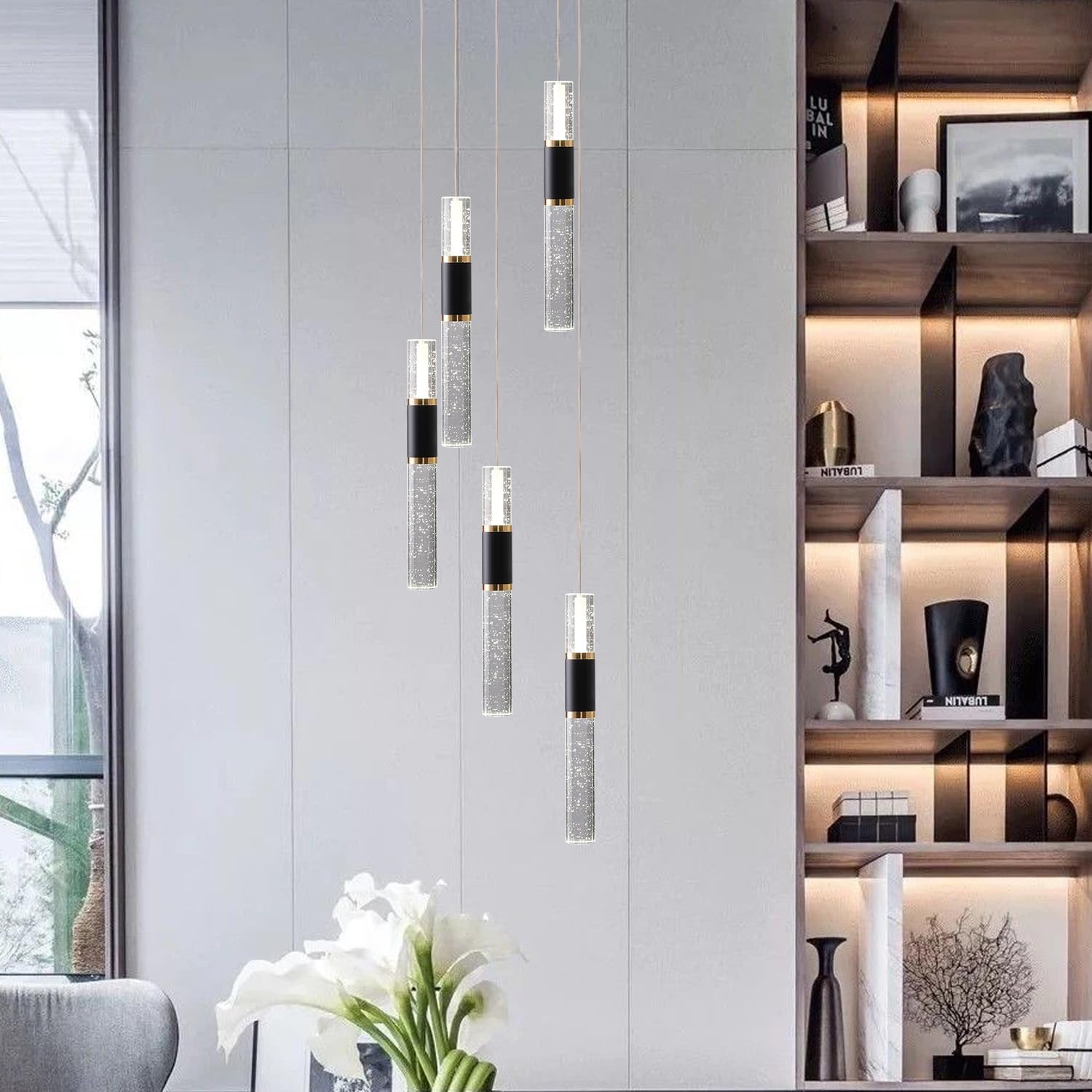 5-Light Modern Pendant Lights Kitchen Island Lighting Fixture,Dimmable Mordern LED Pendant Light with Remote,Black Gold Modern Led Chandelier for Dining Room