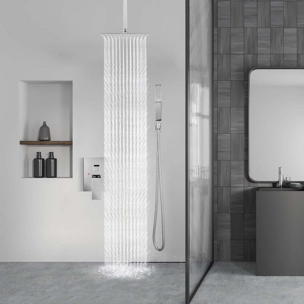 Aolemi Ceiling Mount Shower System Rain Shower Head with Handheld Spray High Pressure Shower Faucet Set Rough-in Valve Shower Trim Kit Included Bathroom Polish Chrome 8 Inch Ceiling Shower Head
