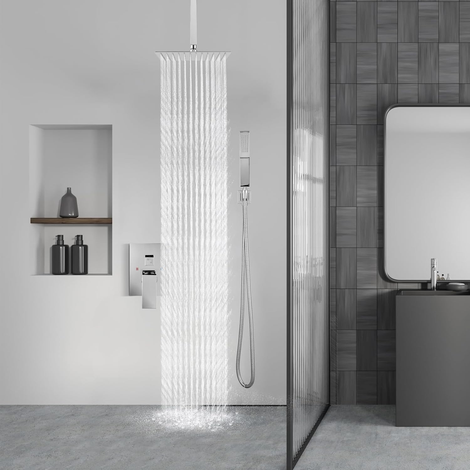 Aolemi Ceiling Mount Shower System Rain Shower Head with Handheld Spray High Pressure Shower Faucet Set Rough-in Valve Shower Trim Kit Included Bathroom Polish Chrome 8 Inch Ceiling Shower Head