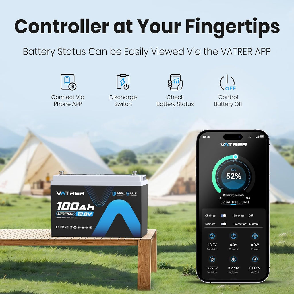 12V 100AH Self-Heating LiFePO4 Lithium Battery, Built-in 100A BMS, Supports Low Temp Charging, 5000+ Cycles, Perfect for RV/Camper, Solar, and Off-Grid Applications, etc.