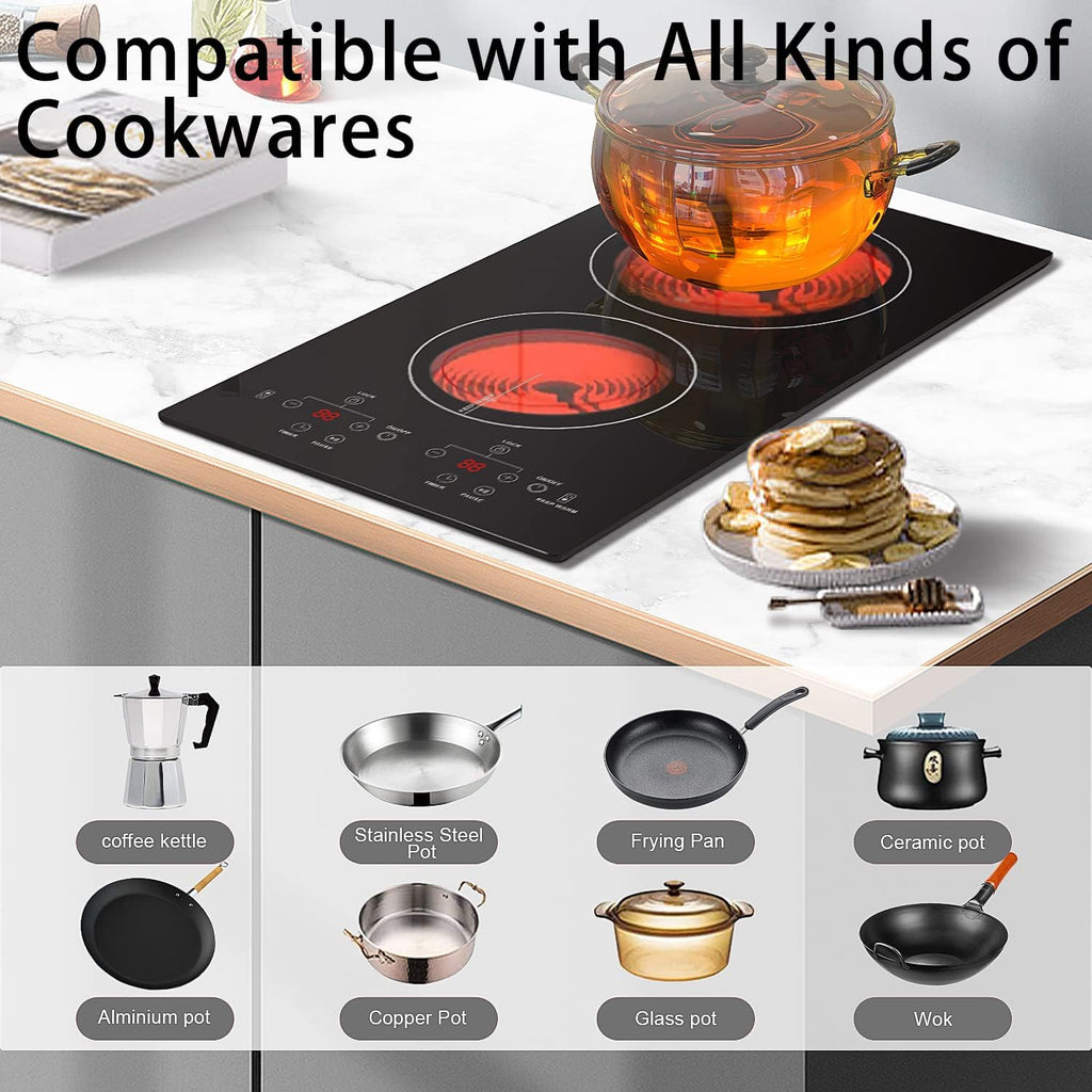 Karinear 110V Electric Cooktop 2 Burners, Countertop & Built-in Electric Stove Top Plug in