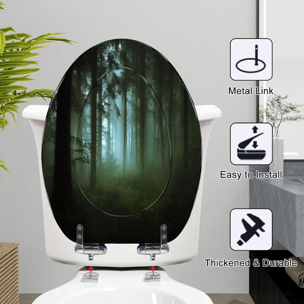 Elongated Toilet Seat green forest fog morning Resin Toilet Seat Slow Quiet Close Lid with Quick-Release Hinges Cover Bumpers Easy to Clean Install