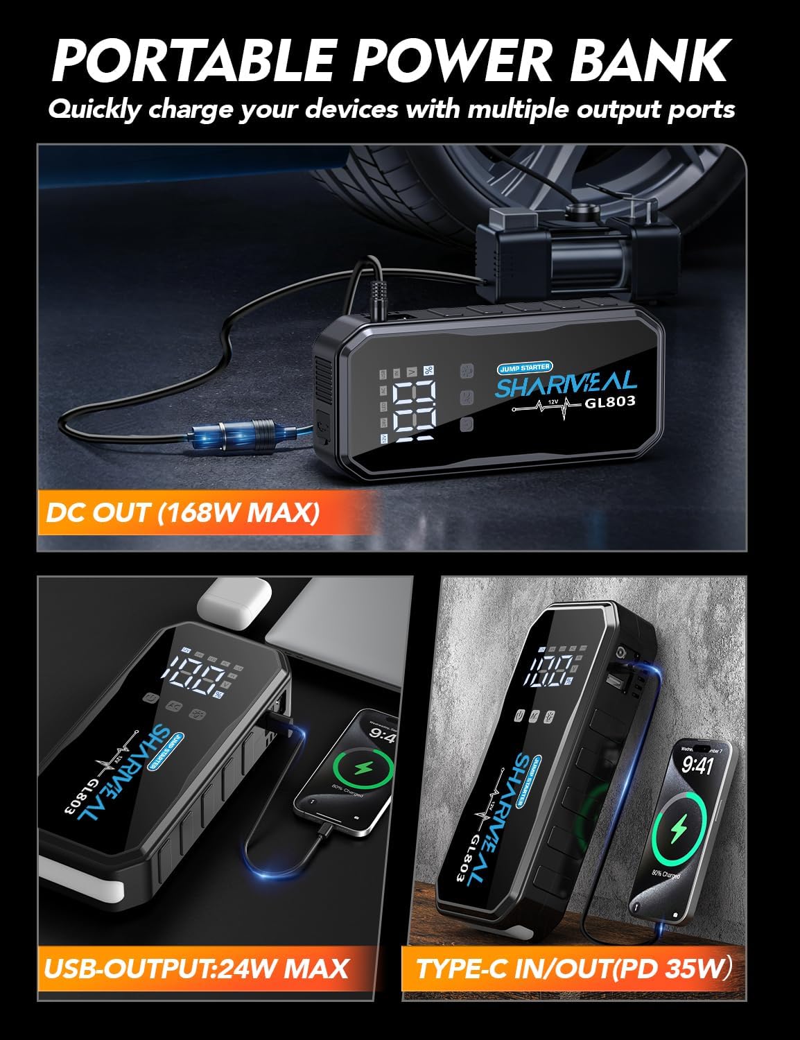 Sharmeal 22-in-1 9000A Jump Starter, 24000mAh Car Booster Pack with 80W AC Outlet & PD 35W Super Fast Charging, 12V Jump Starter Battery Pack for All Gas and 12.0L Diesel