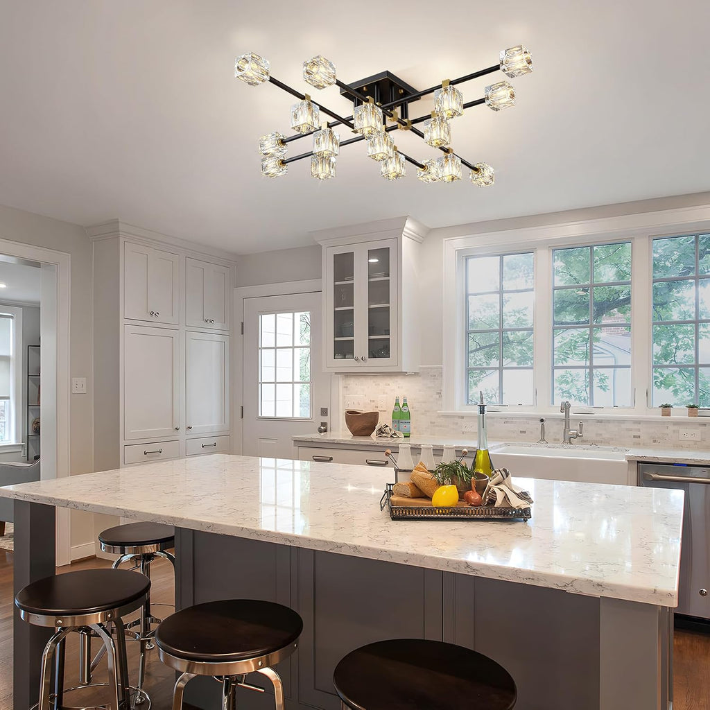 Crystal Sputnik Ceiling Light Fixture，Modern Luxury Black and Gold Chandeliers with 17-Light，Semi Flush Mount Ceiling Light Fixture for Dining Room,Living Room,Kitchen Island,Bedroom.