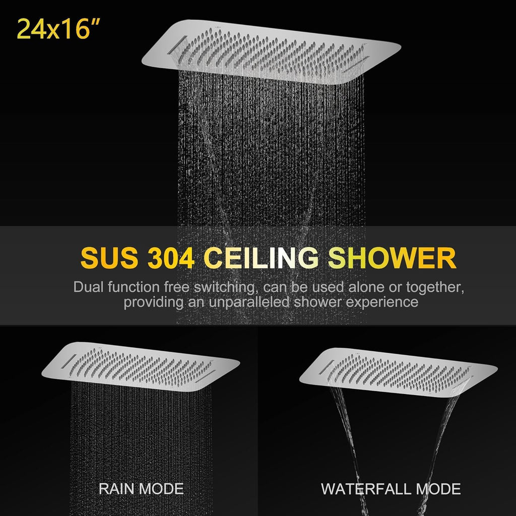 AYIVG Chrome 4 Function Dual Shower Head System 16 X 24 Inch Rainfall Waterfall And 8 Inch Wall Mount With Handheld shower head Digital Display Shower Valve Set