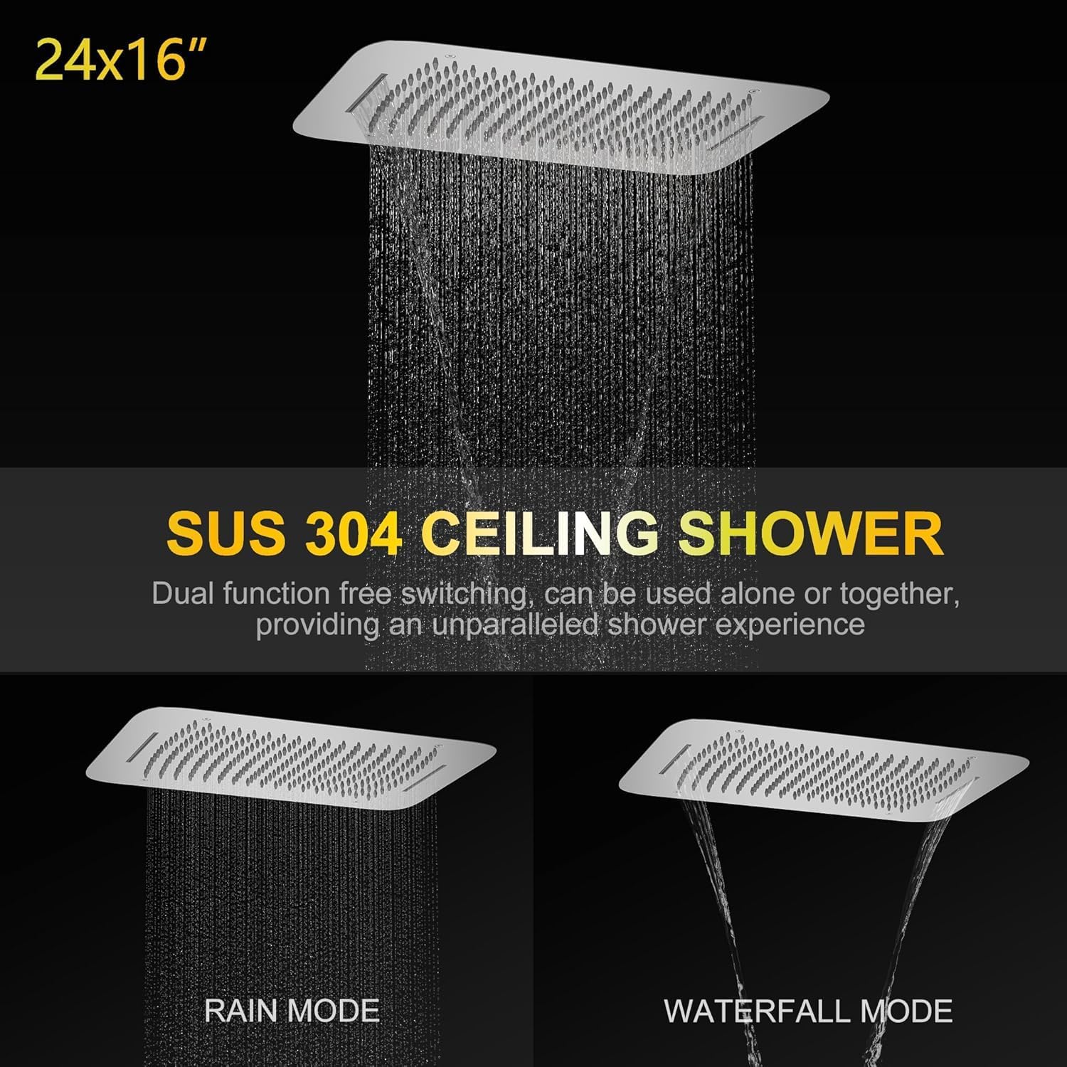 AYIVG Chrome 4 Function Dual Shower Head System 16 X 24 Inch Rainfall Waterfall And 8 Inch Wall Mount With Handheld shower head Digital Display Shower Valve Set