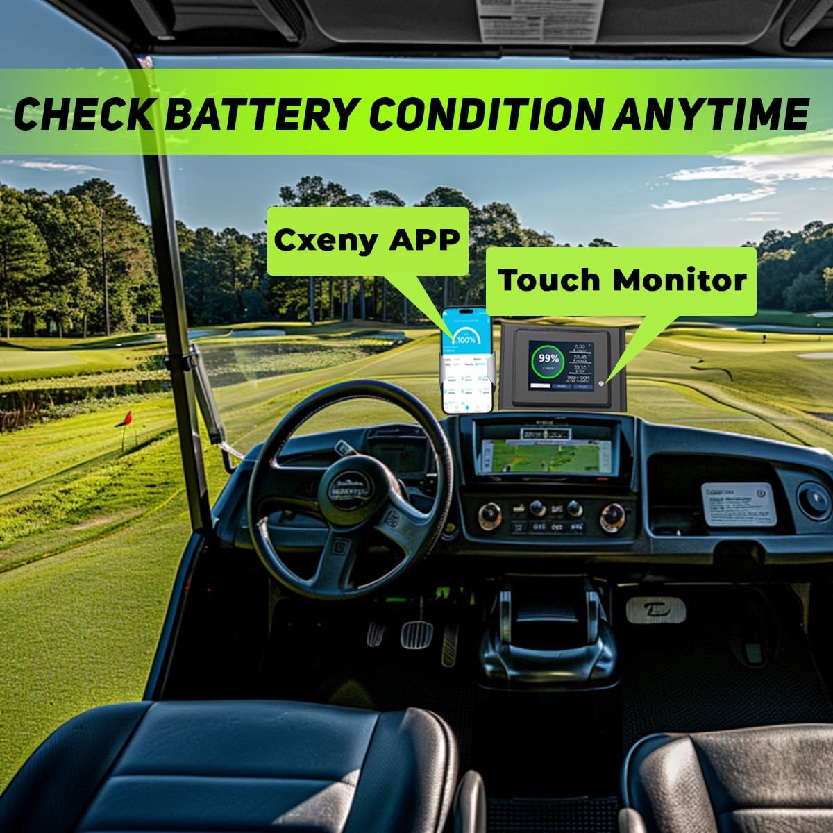 51.2V 150Ah LiFePO4 Lithium Golf Cart Battery with 18A LiFePO4 Battery Charger, and Mobile APP, Touch Monitor, Built-in 200A BMS, Perfect for Golf Carts ATV Lawn Mower RV