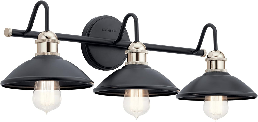 Kichler Clyde 3-Light Bathroom Vanity Light Fixture with Vintage Industrial Design in Black Finish, Wall Mount Over Mirror Lighting for Bathroom (7.25' x 26.5' x 8.25'), 45945BK