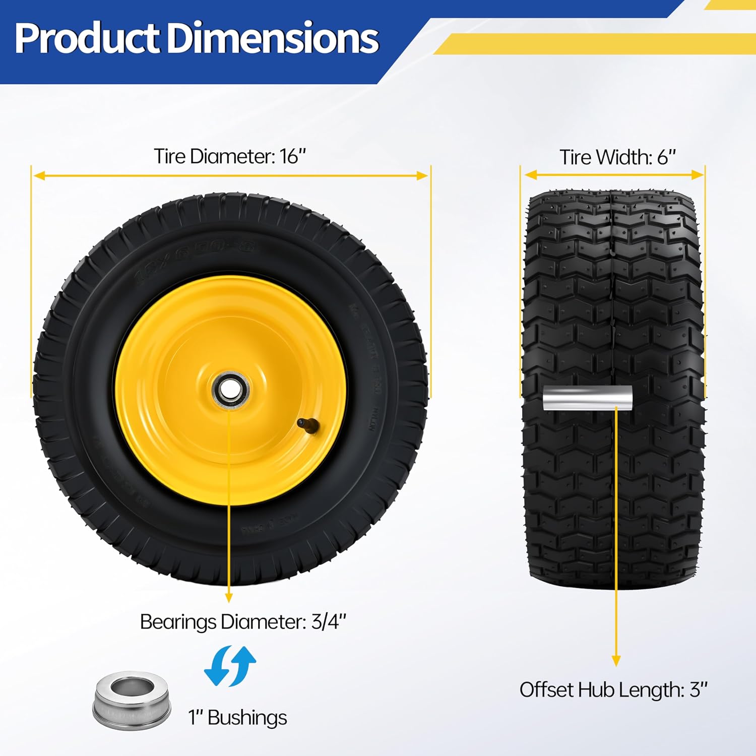2 Pcs 16x6.50-8 Tubeless Lawn Mower Tire and Wheel, 16x6.5-8 Air-Filled Replacement Tires for Riding Mowers and Lawn Tractors, with 3/4' Bearings & Extra 1' Bushings, 3'-5' Offset Hub, Yellow Rim