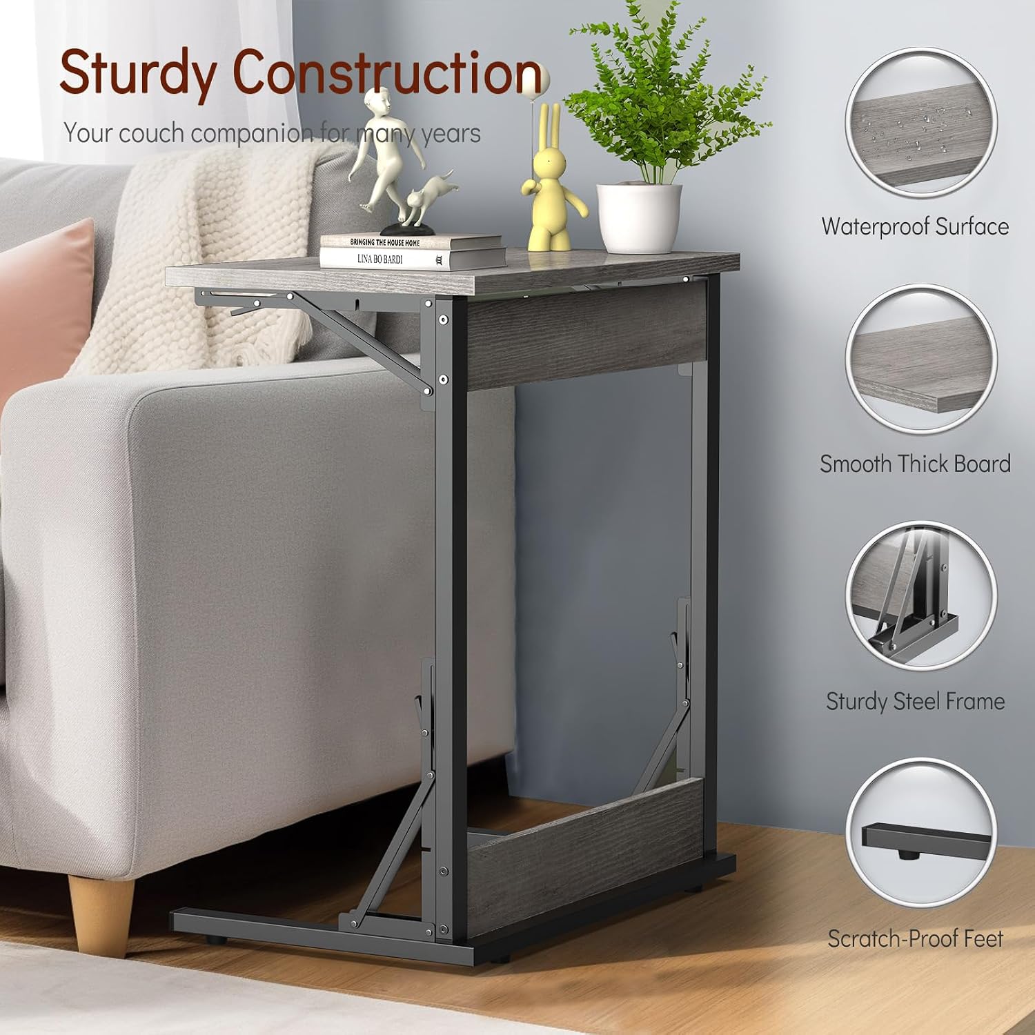 Tatub 24' TV Tray Table Set of 2, Folding C Shaped End Table, Small Sofa Side Laptop Desk for Living Room, Bedroom, Light Ivory