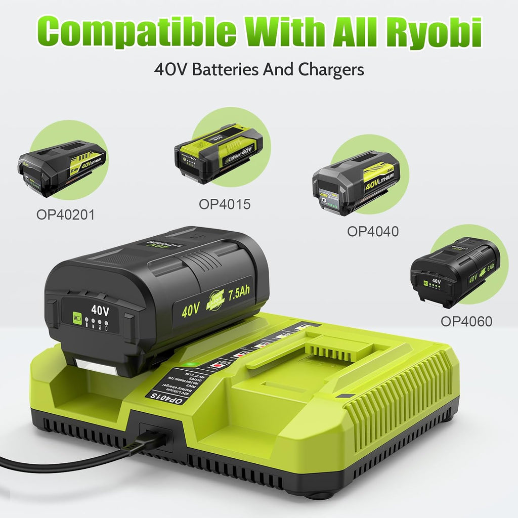 7.5Ah Replacement for Ryobi 40V Battery and Dual Charger Combo Compatible with Ryobi 40V Lithium Battery OP4040 OP4026 OP40601 OP4050A OP4030 OP4050 OP40201 OP40401 (2Battery+1Charger)