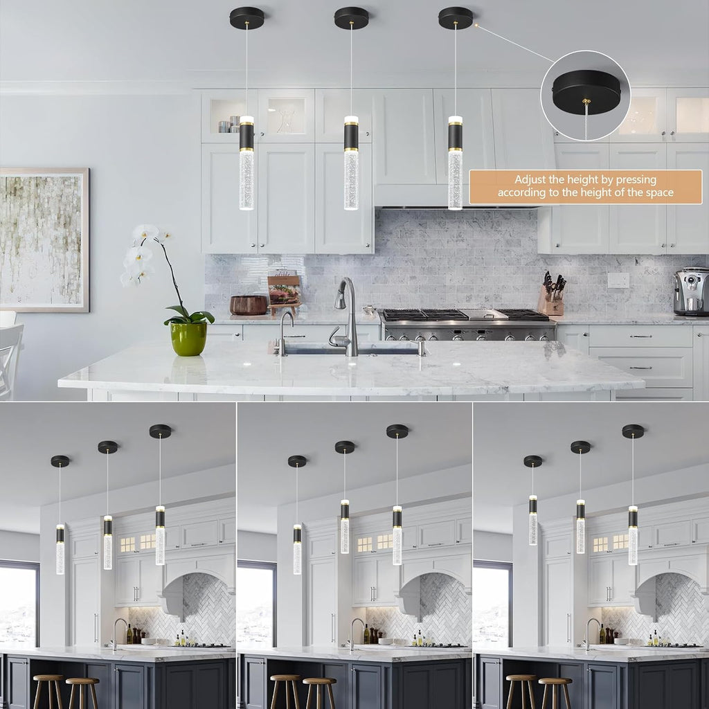 Pendant Ceiling Light Fixture for Kitchen Island, Black Gold Pendant Light Integrated Dimmable LED Hanging Light with Bubble Crystal Pendant Light Modern Pendant Lights Kitchen Island (3-Pack)