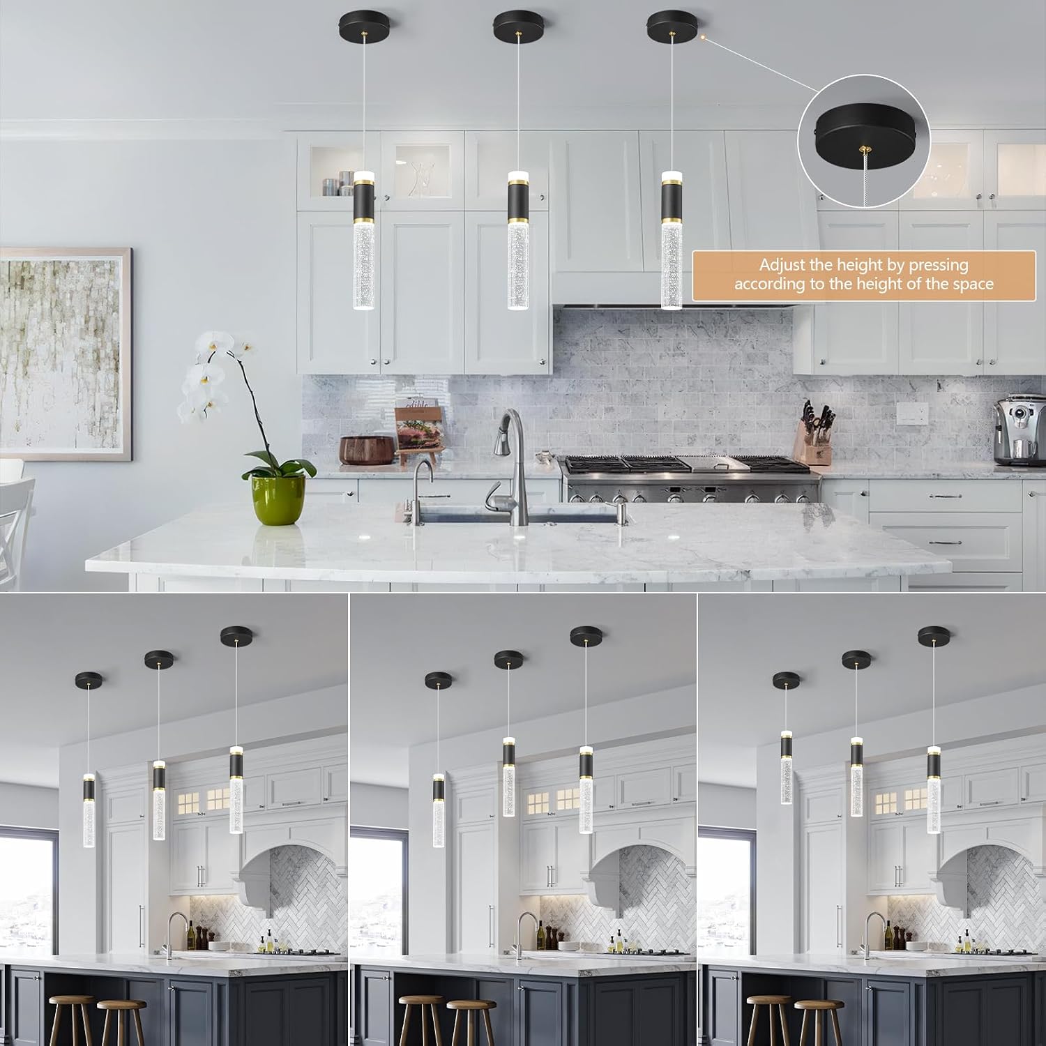 Pendant Ceiling Light Fixture for Kitchen Island, Black Gold Pendant Light Integrated Dimmable LED Hanging Light with Bubble Crystal Pendant Light Modern Pendant Lights Kitchen Island (3-Pack)
