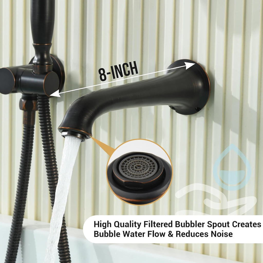 DASAN Antique Wall Mount Tub Filler Faucet with Hand Held Shower, Oil Rubbed Bronze Bathtub Faucet with Sprayer Wall Mounted Roman Bath Tub Faucet Set with High Flow Rough in Valve, AT201TF-ORB