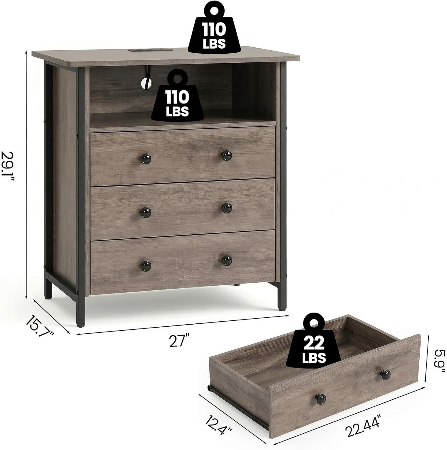 27 Inch Wide Nightstand Set of 2 with Charging Station, Large Nightstand Set 2 with 3 Wood Drawers & LED Lights, Big Bedside Table with Open Shelf for Bedroom, Guest Room, Office, Gray.