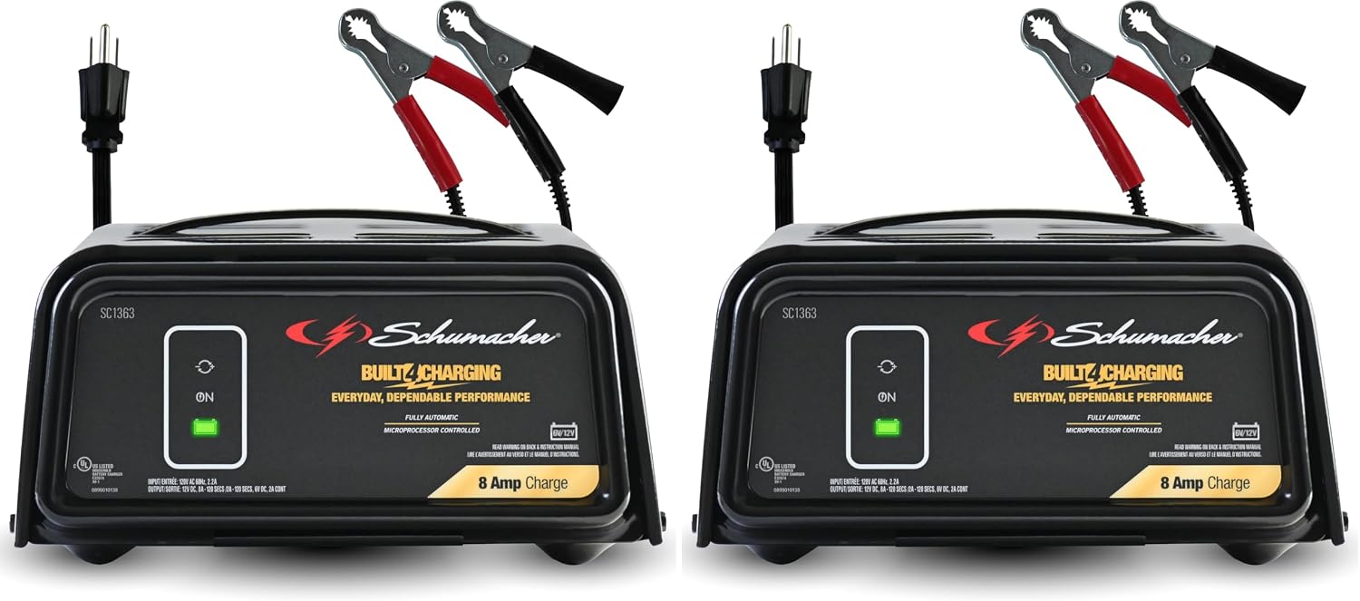 Schumacher Electric 8A Car Battery Charger and Maintainer, 3-in-1 Solution, for 6V/12V Power Sport, Automotive, and Marine Batteries, SC1363 (Pack of 2)