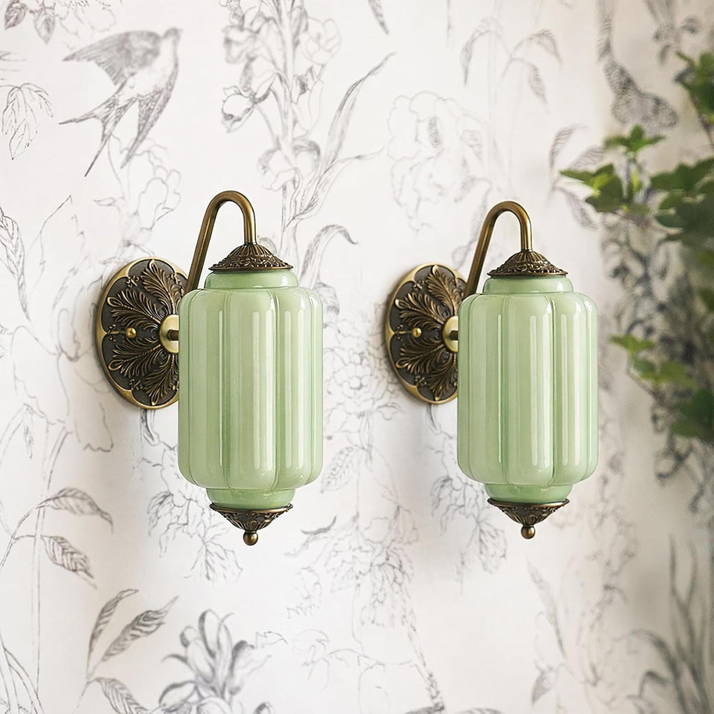 2-Pack Antique Gold Milk Glass Wall Sconce - Vintage Green Shade & Brass Finish Base - Indoor Wall Lighting Fixture for Living Room, Bedroom, Bathroom, Hallway, Entryway (2 Pack/Green)